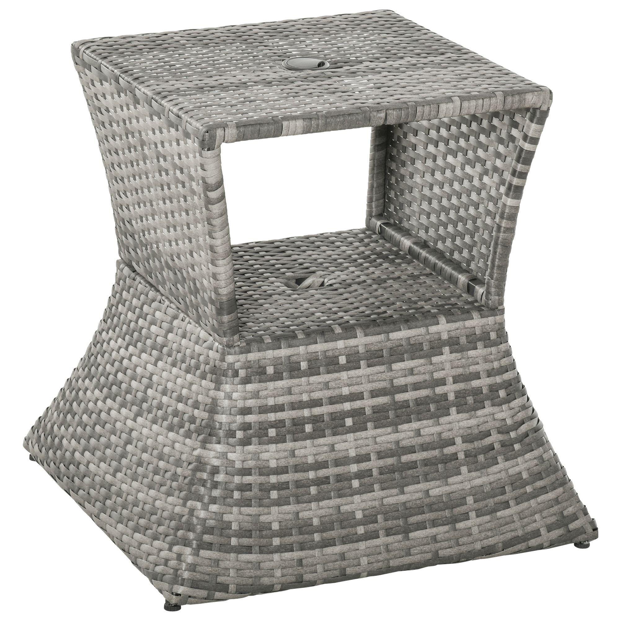 Outsunny Rattan Tea Bistro Side Table with Umbrella Hole, 2-Tier Storage Shelf, Gray, for Patio & Backyard