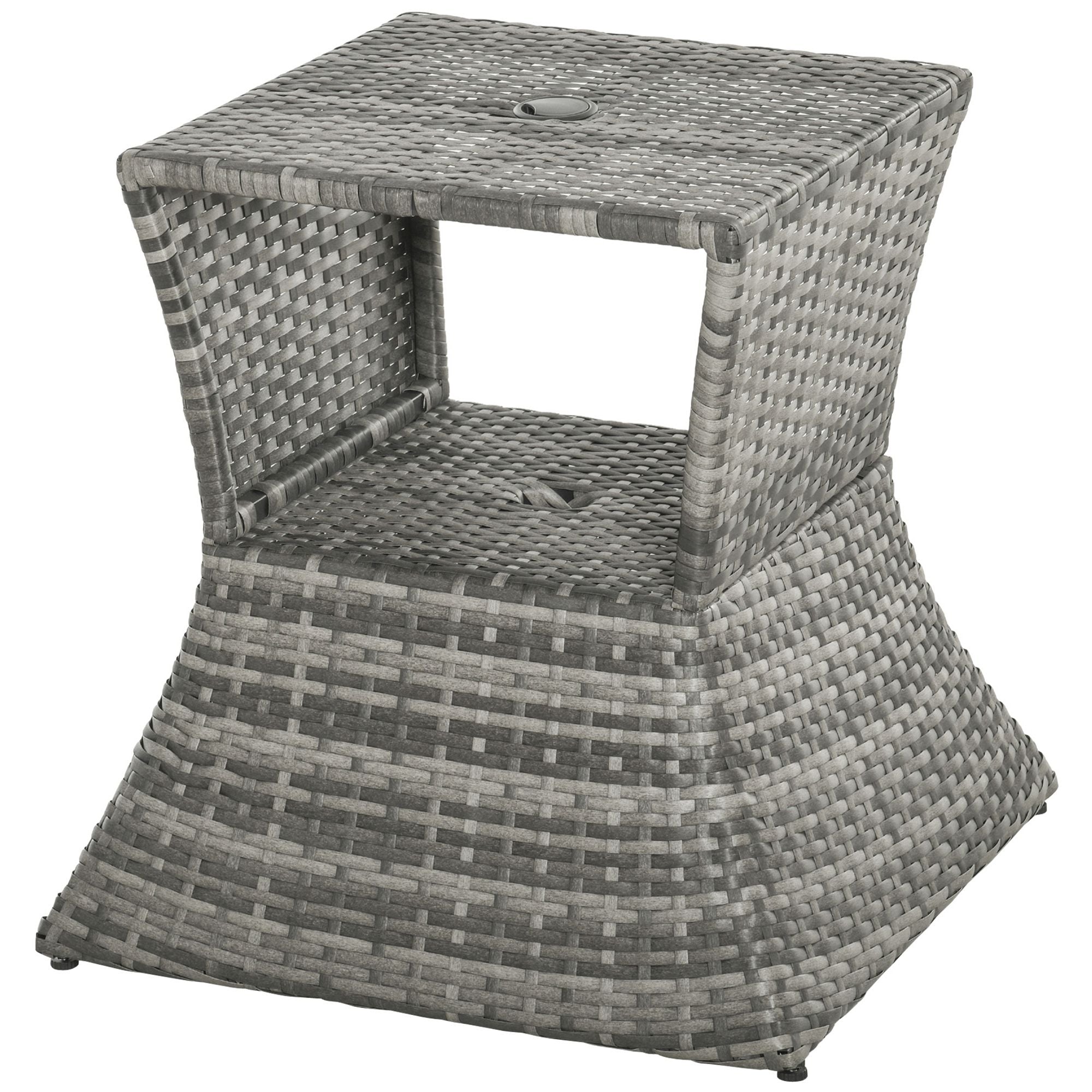Outsunny Rattan Tea Bistro Side Table with Umbrella Hole, 2-Tier Storage Shelf, Gray, for Patio & Backyard