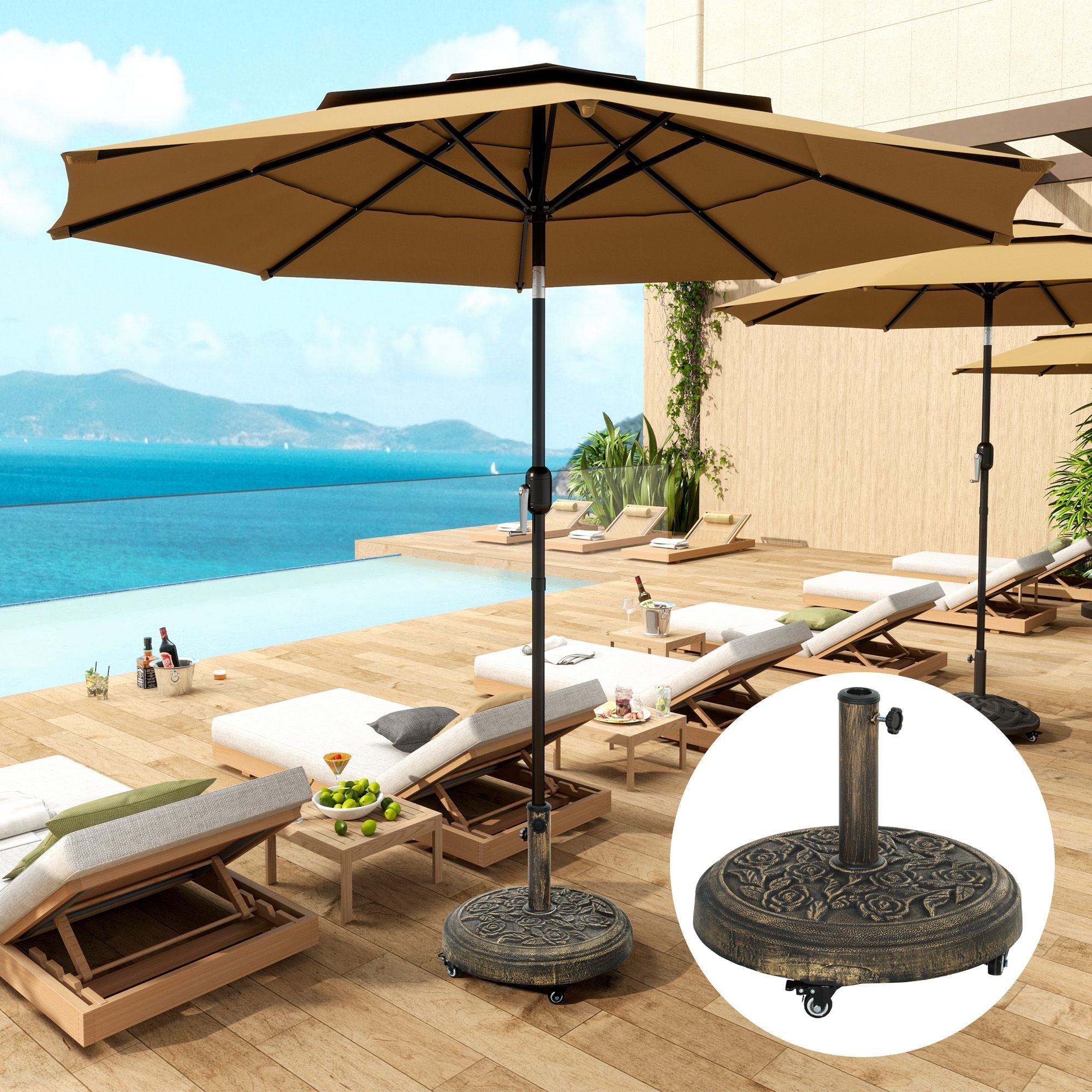 Outsunny Round Patio Umbrella Base, 46 lbs Resin Umbrella Base with Wheels, Outdoor Umbrella Stand for 1.3"/1.5"/1.9" Umbrella Poles for Outdoor, Lawn, Poolside, Bronze