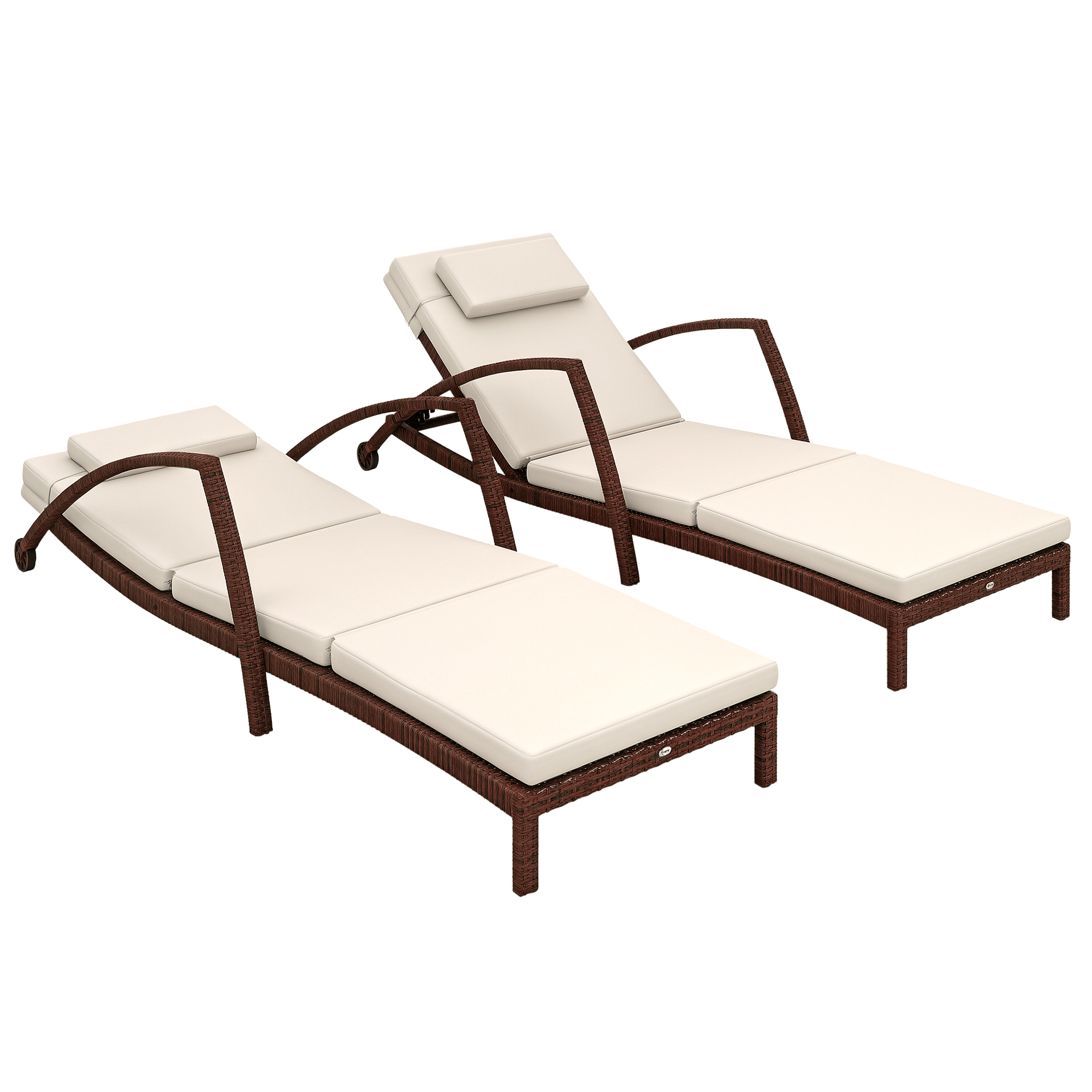 Outsunny Set of 2 Wicker Chaise Lounge Chair Outdoor Patio Lounger with Adjustable Back, Wheels, Cushion, and Armrests, Beige