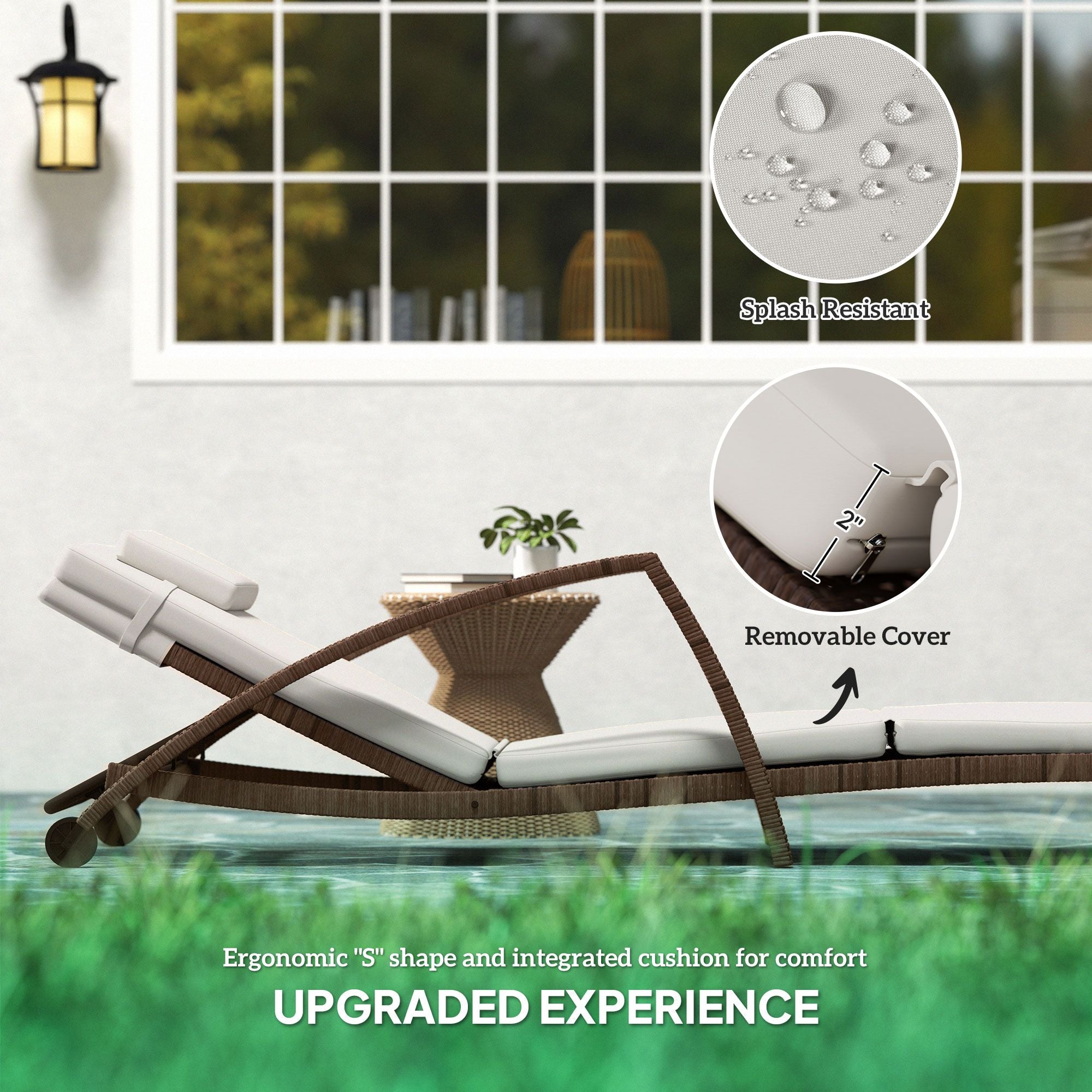 Outsunny Set of 2 Wicker Chaise Lounge Chair Outdoor Patio Lounger with Adjustable Back, Wheels, Cushion, and Armrests, Beige