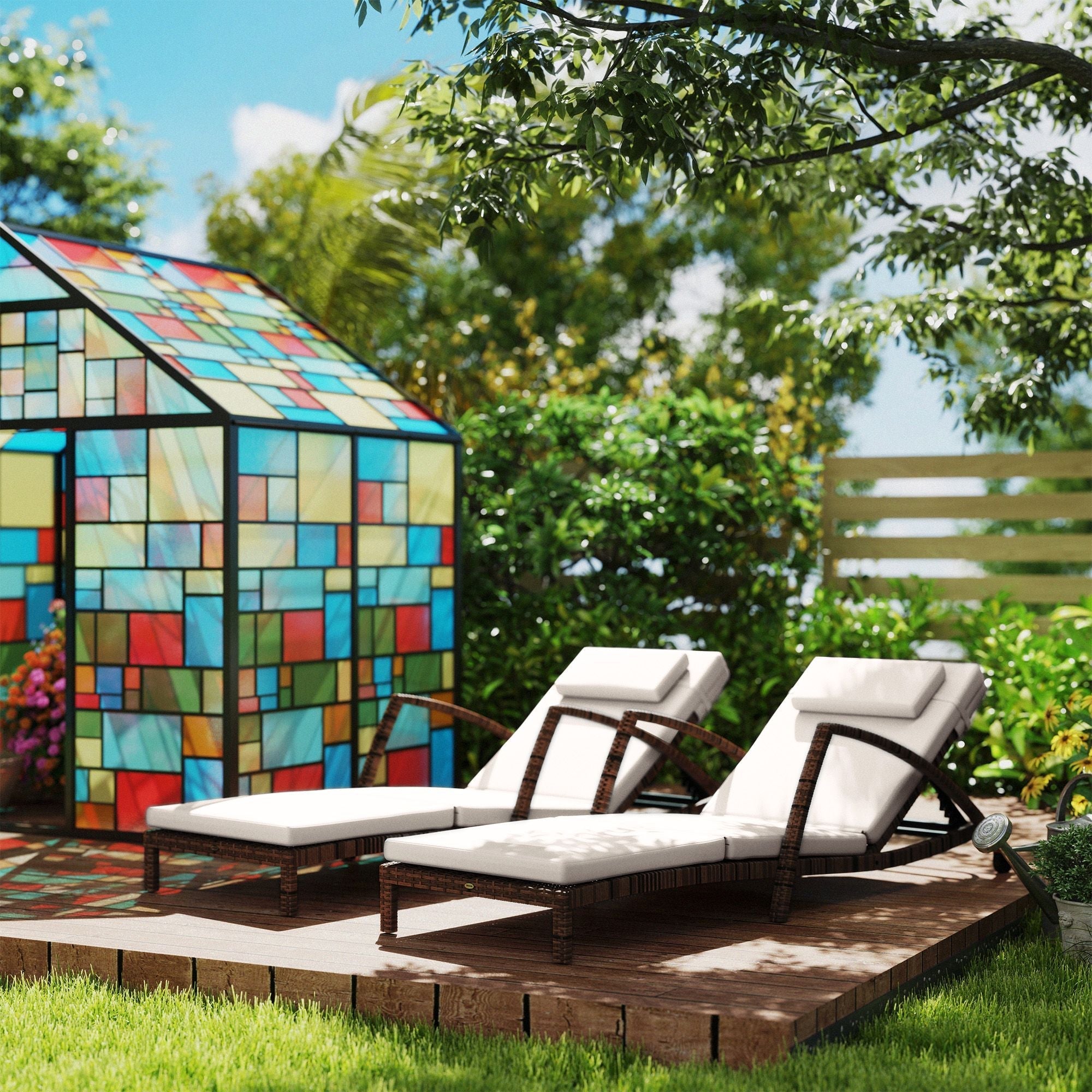 Outsunny Set of 2 Wicker Chaise Lounge Chair Outdoor Patio Lounger with Adjustable Back, Wheels, Cushion, and Armrests, Beige