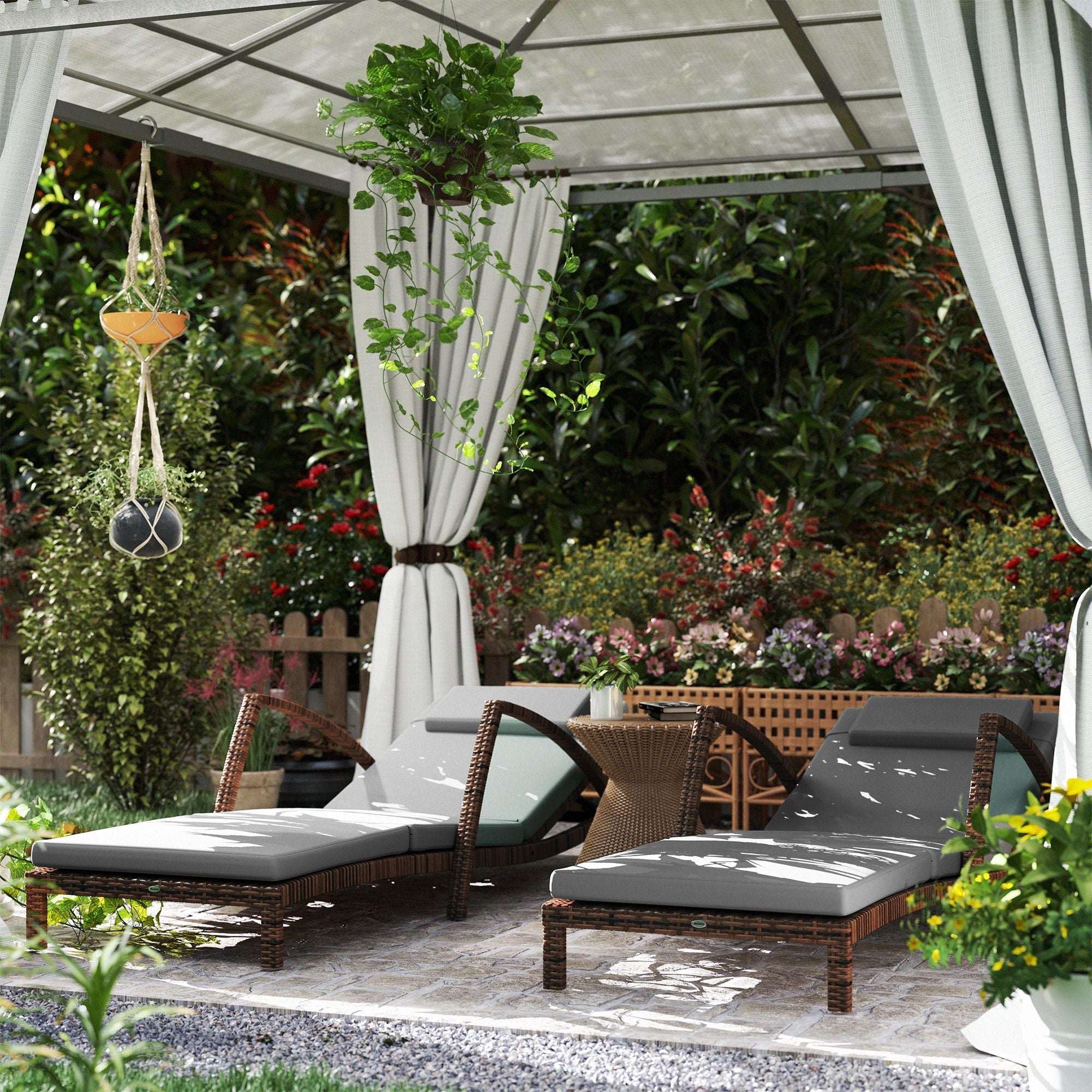 Outsunny Set of 2 Wicker Chaise Lounge Chair Outdoor Patio Lounger with Adjustable Back, Wheels, Cushion, and Armrests, Gray