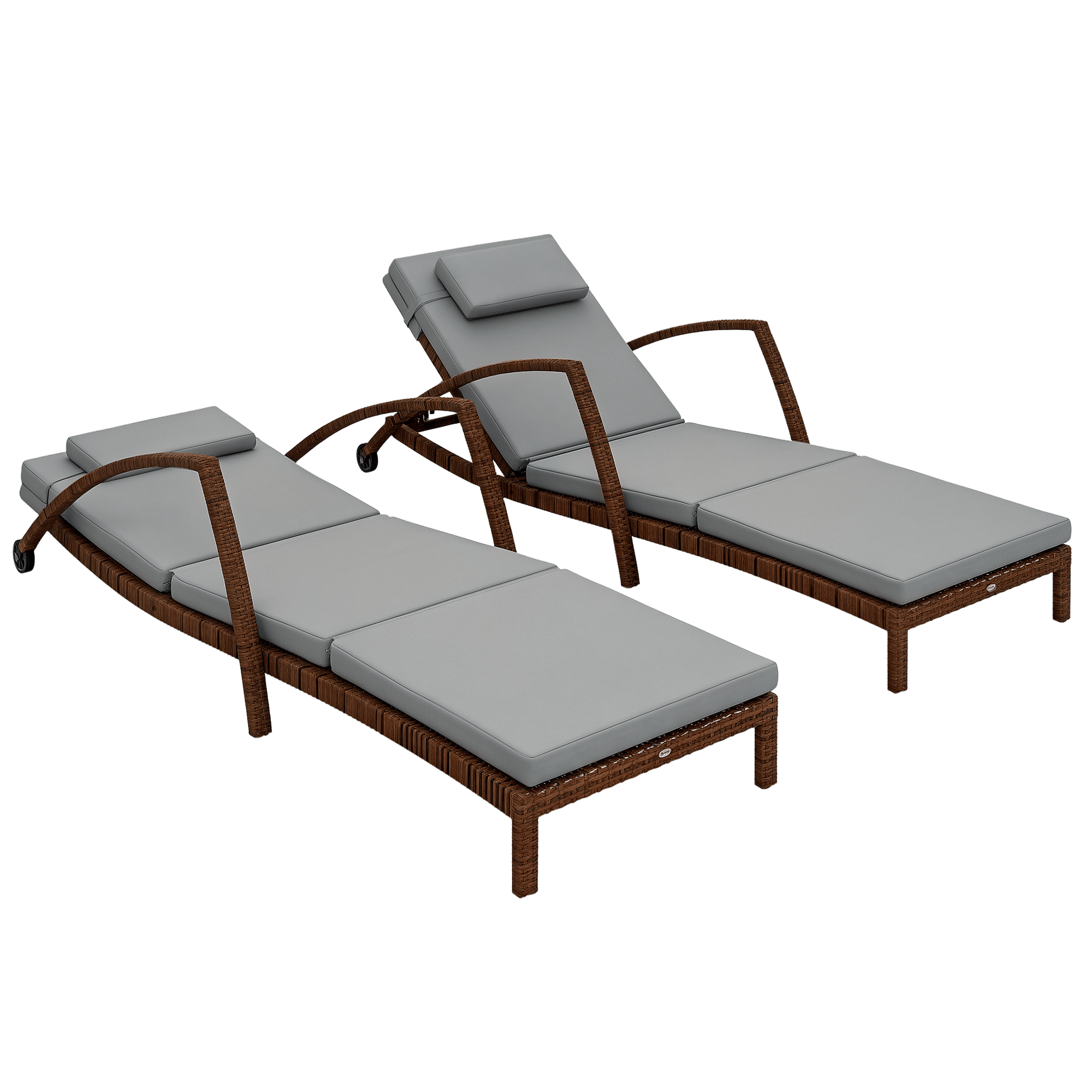 Outsunny Set of 2 Wicker Chaise Lounge Chair Outdoor Patio Lounger with Adjustable Back, Wheels, Cushion, and Armrests, Gray