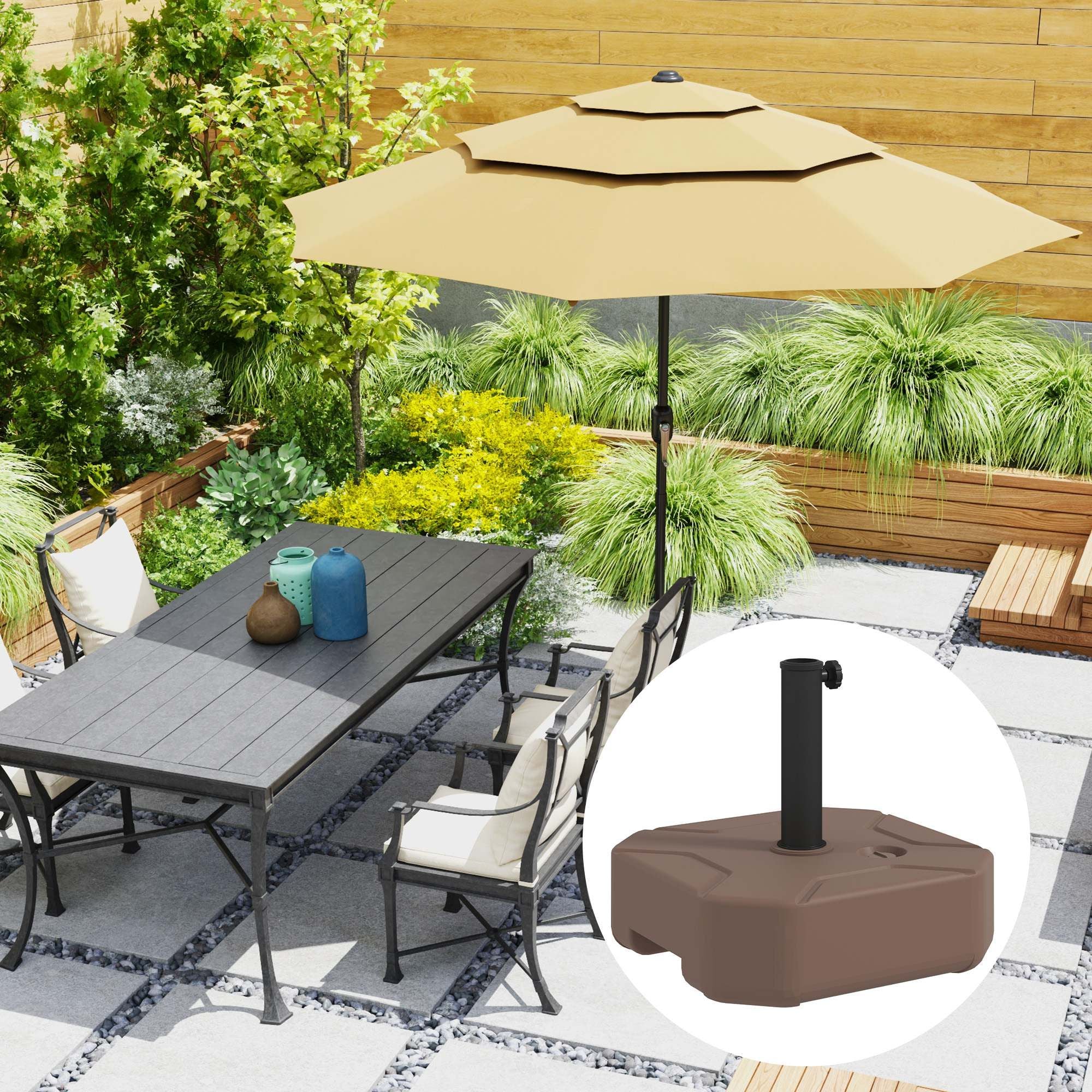 Outsunny Square Patio Umbrella Base Holder, Heavy Duty Outdoor Umbrella Stand Base, Filled Up to 55lbs with Stand or 44lbs with Water for Garden, Poolside, Brown