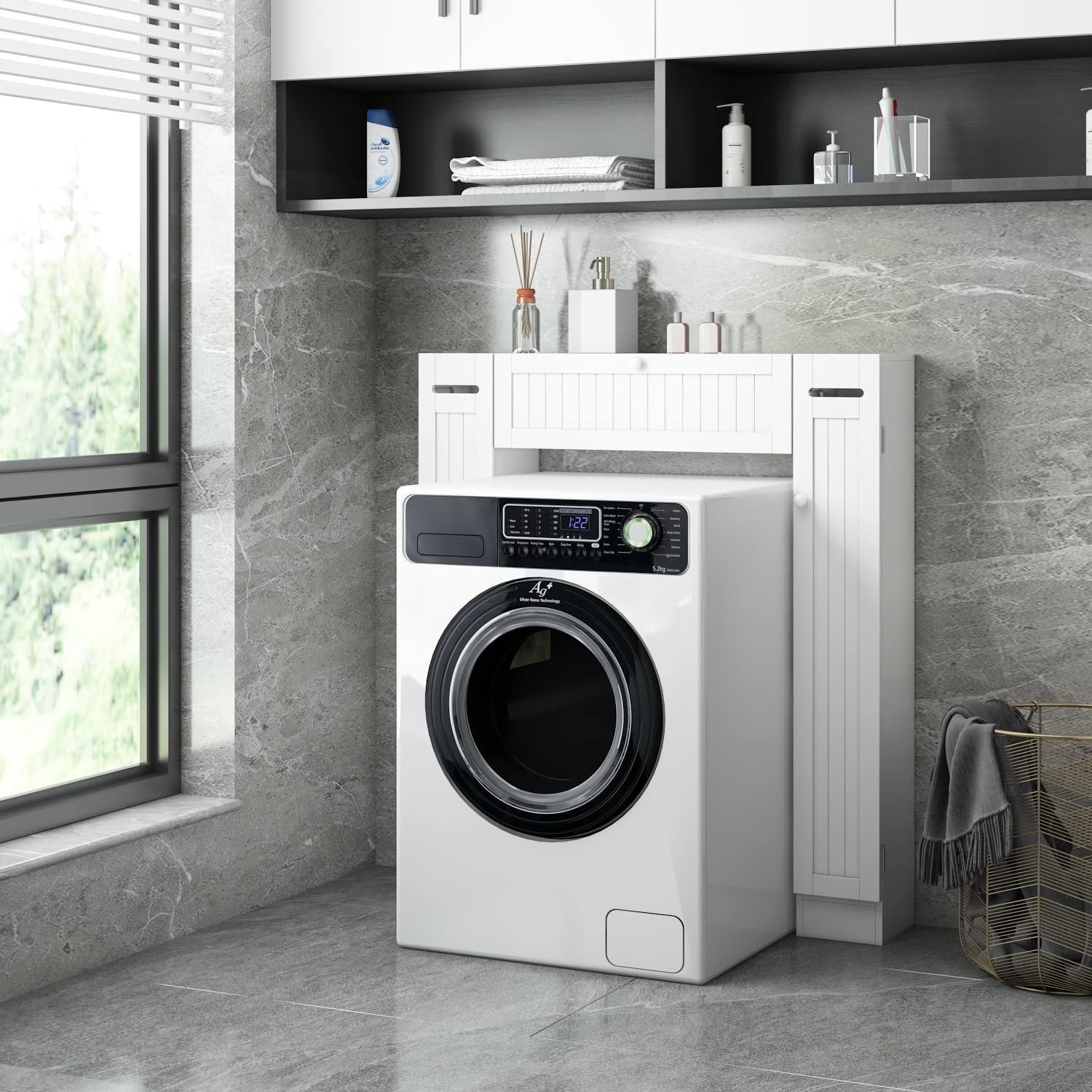 Over-The-Toilet Storage Cabinet with 2 Side Doors; Freestanding Toilet Cabinet Organizer with Adjustable Shelves & Paper Holder; Bathroom Space Saver with Pull-Down Door; Toilet Rack; White