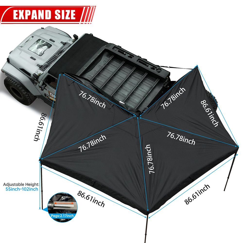 Overland 270 Degree Awning House Tent for Driver Side, Only Top Awning Not Include Side wall Effortless Installation, All-Weather Protection, Hidden Support Pole