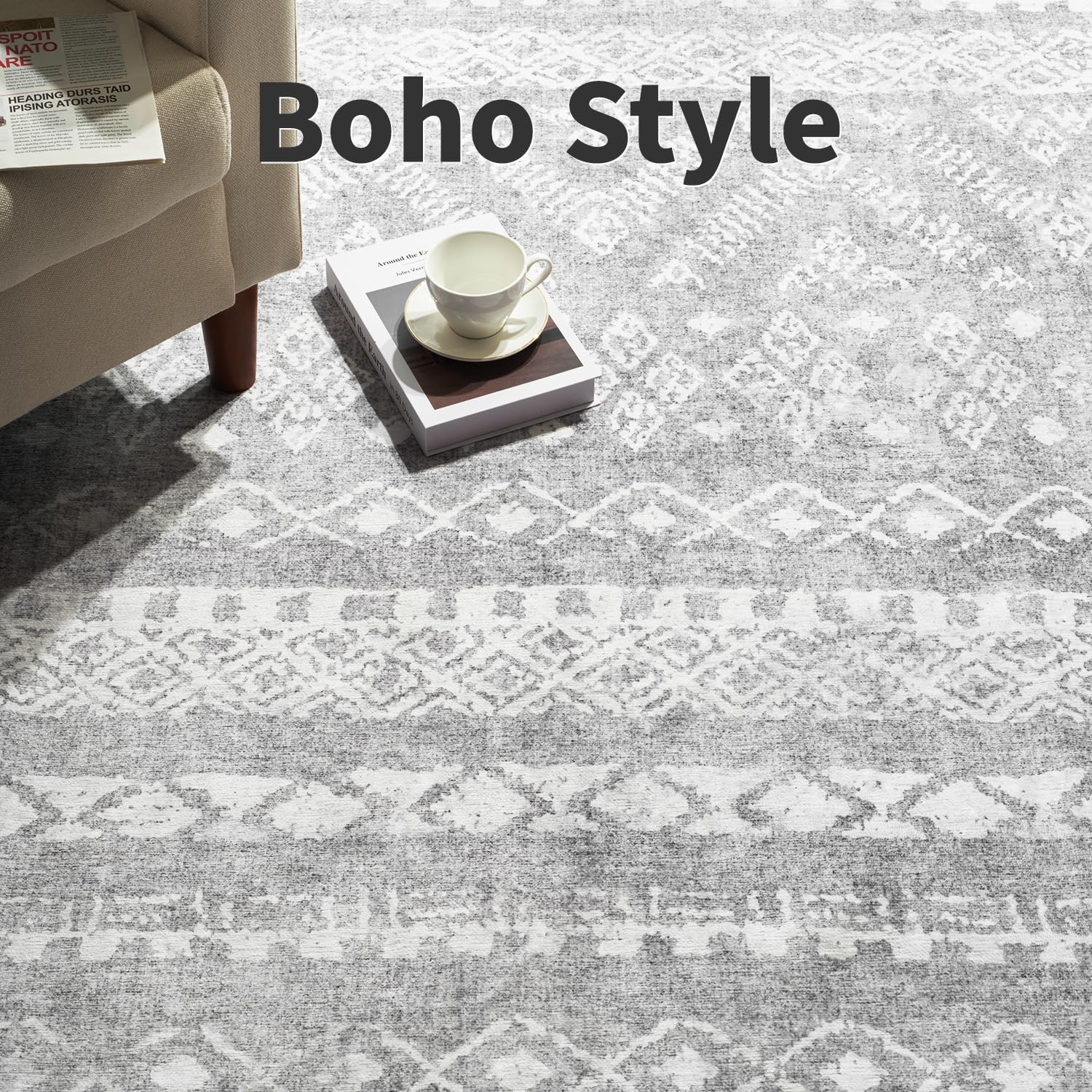 PADOOR 8x10 Rugs for Living Room Non Slip Geometric Machine Washable Rugs Neutral Area-Rugs 8x10 Modern Ultra Thin Carpet for Bedroom Dining Room, No Shedding Office Rug, Grey Rug