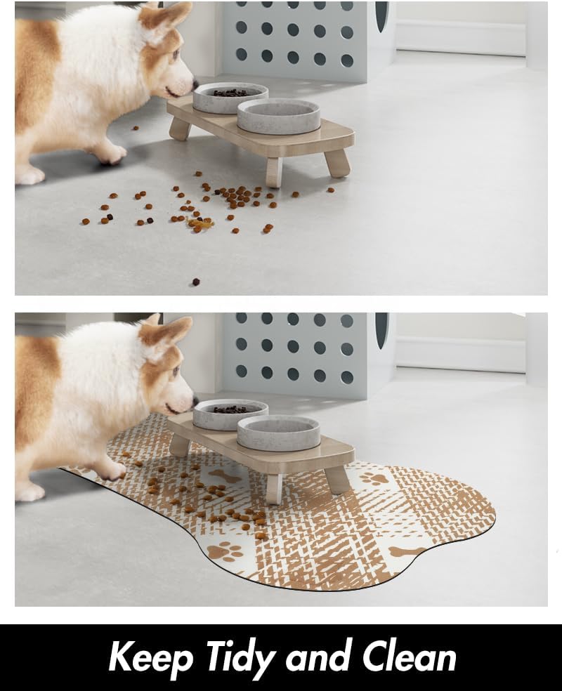PADOOR Absorbent Pet Food Mat - Bone Shaped Dog Bowl Mat - Quick Dry, No Stains - Placemat for Sloppy Drinkers, 12"x19", Brown