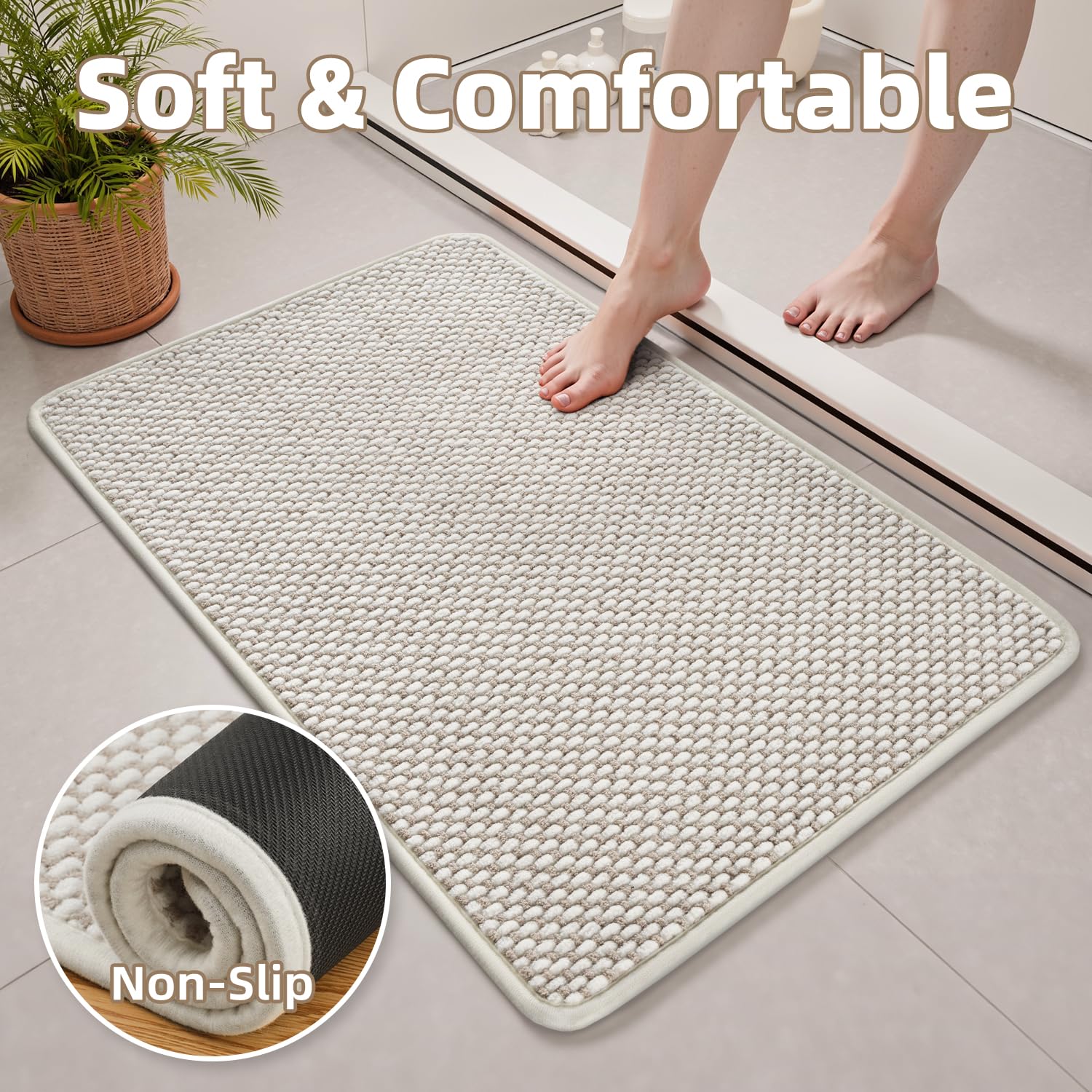 PADOOR-Bath Mat-Super Absorbent Chenille Bathroom Mats-Rubber Backed Bath Mats for Bathroom Non Slip, Machine Washable Bathroom Rugs Front of Bathtub,Shower Room,Sink-17×28, Beige&Cream