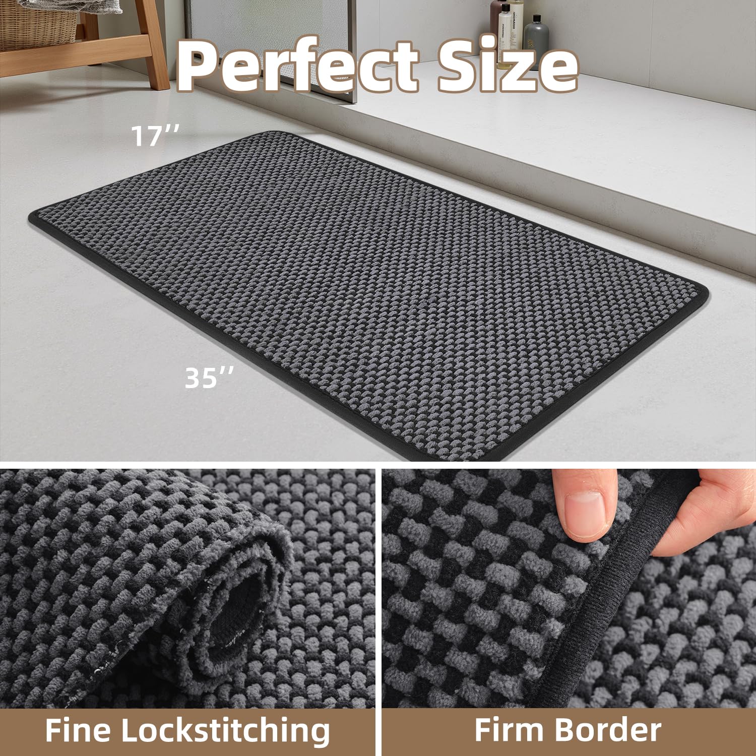 PADOOR-Bath Mat-Super Absorbent Chenille Bathroom Mats-Rubber Backed Bath Mats for Bathroom Non Slip, Machine Washable Bathroom Rugs Front of Bathtub,Shower Room,Sink-17×28, Beige&Cream