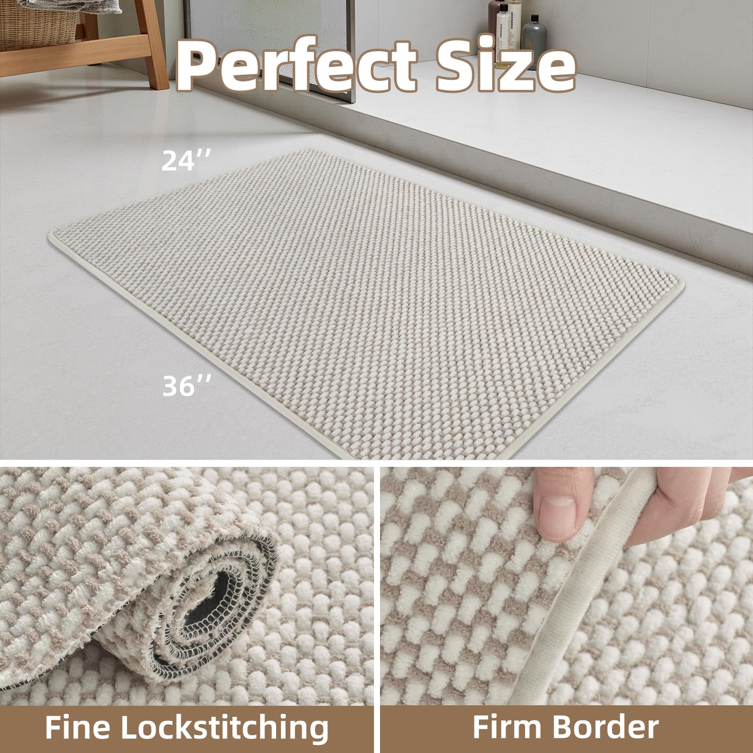 PADOOR-Bath Mat-Super Absorbent Chenille Bathroom Mats-Rubber Backed Bath Mats for Bathroom Non Slip, Machine Washable Bathroom Rugs Front of Bathtub,Shower Room,Sink-17×28, Beige&Cream