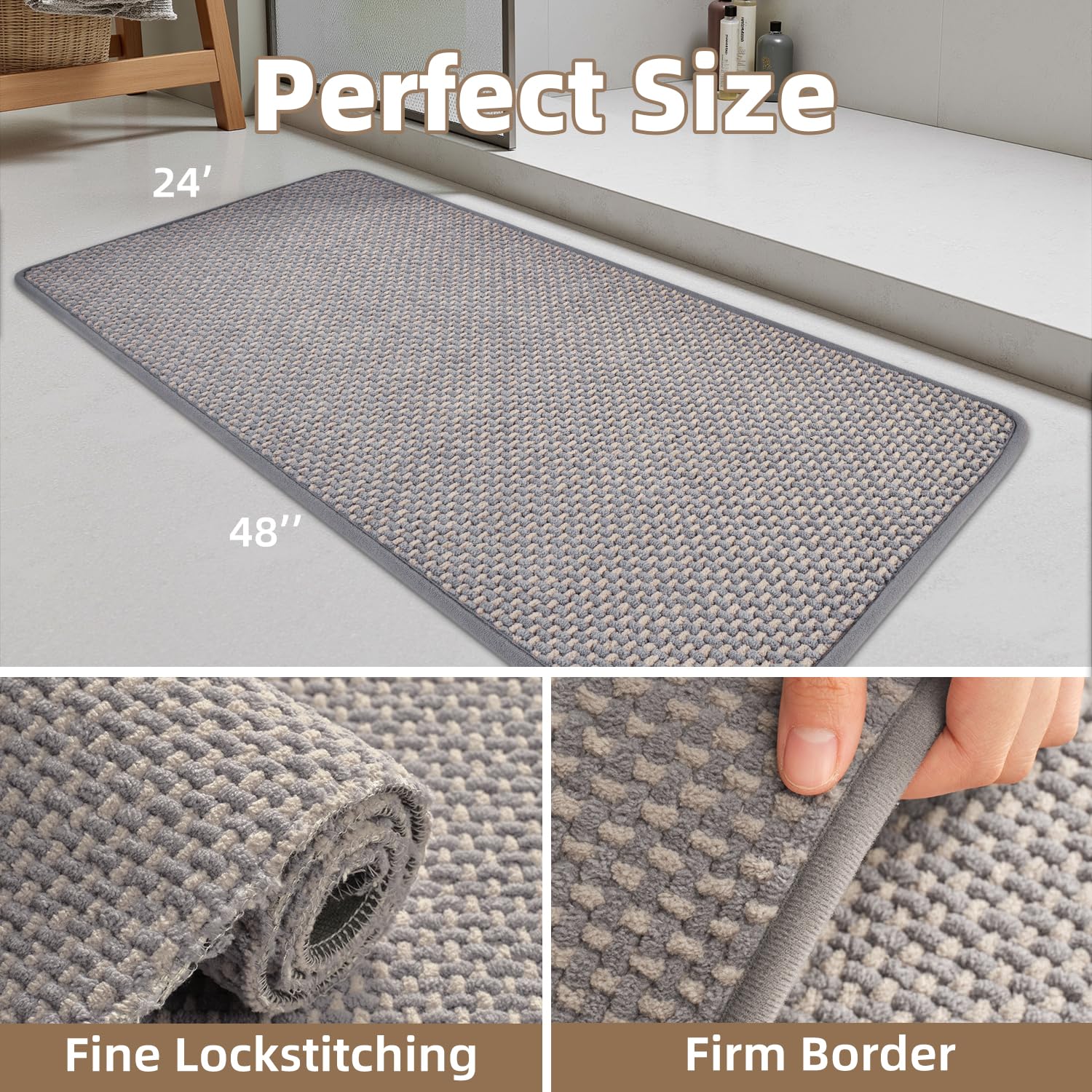 PADOOR-Bath Mat-Super Absorbent Chenille Bathroom Mats-Rubber Backed Bath Mats for Bathroom Non Slip, Machine Washable Bathroom Rugs Front of Bathtub,Shower Room,Sink-17×28, Beige&Cream