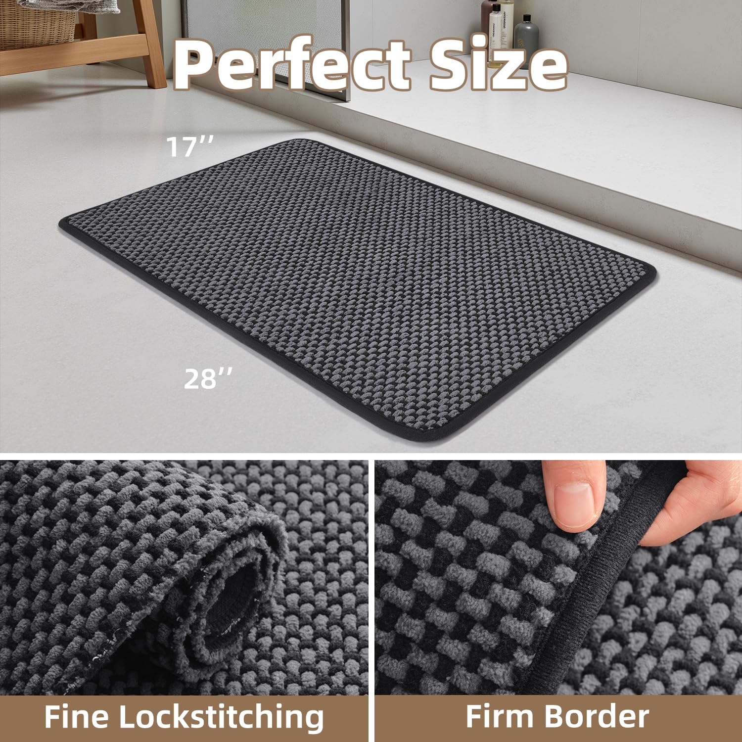 PADOOR-Bath Mat-Super Absorbent Chenille Bathroom Mats-Rubber Backed Bath Mats for Bathroom Non Slip, Machine Washable Bathroom Rugs Front of Bathtub,Shower Room,Sink-17×28, Beige&Cream