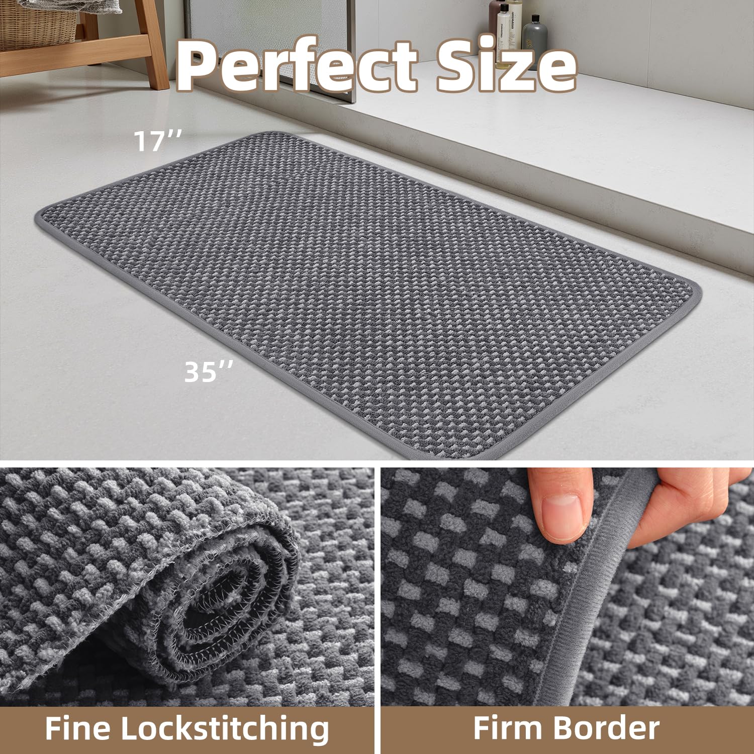 PADOOR-Bath Mat-Super Absorbent Chenille Bathroom Mats-Rubber Backed Bath Mats for Bathroom Non Slip, Machine Washable Bathroom Rugs Front of Bathtub,Shower Room,Sink-17×28, Beige&Cream