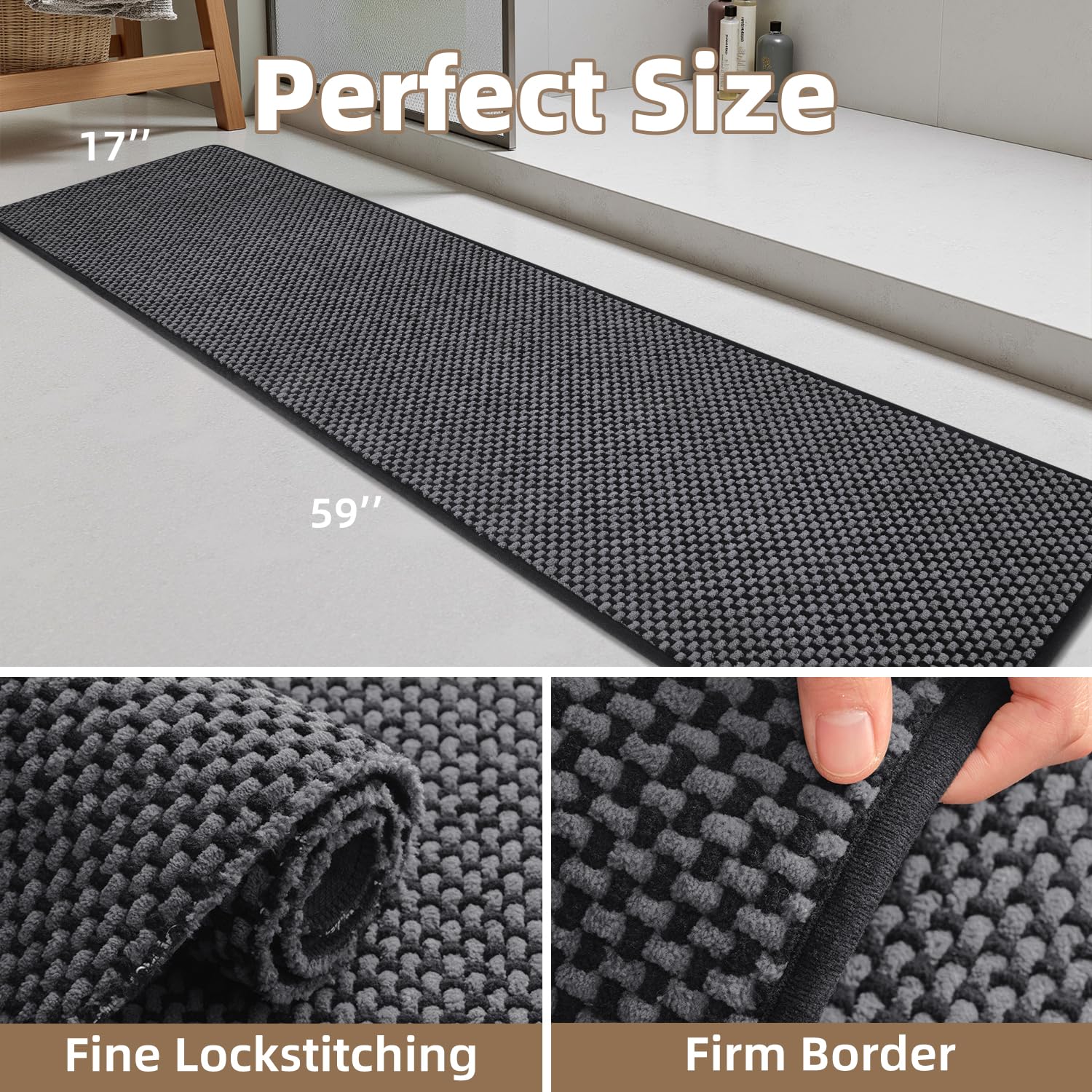 PADOOR-Bath Mat-Super Absorbent Chenille Bathroom Mats-Rubber Backed Bath Mats for Bathroom Non Slip, Machine Washable Bathroom Rugs Front of Bathtub,Shower Room,Sink-17×28, Beige&Cream