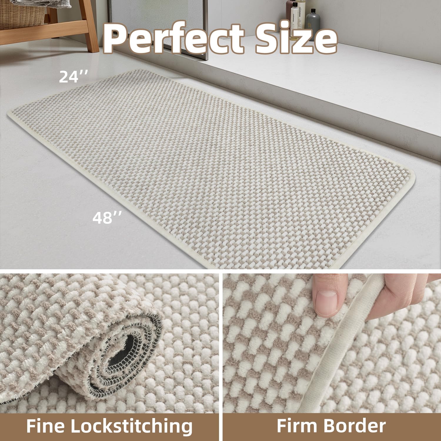 PADOOR-Bath Mat-Super Absorbent Chenille Bathroom Mats-Rubber Backed Bath Mats for Bathroom Non Slip, Machine Washable Bathroom Rugs Front of Bathtub,Shower Room,Sink-17×28, Beige&Cream