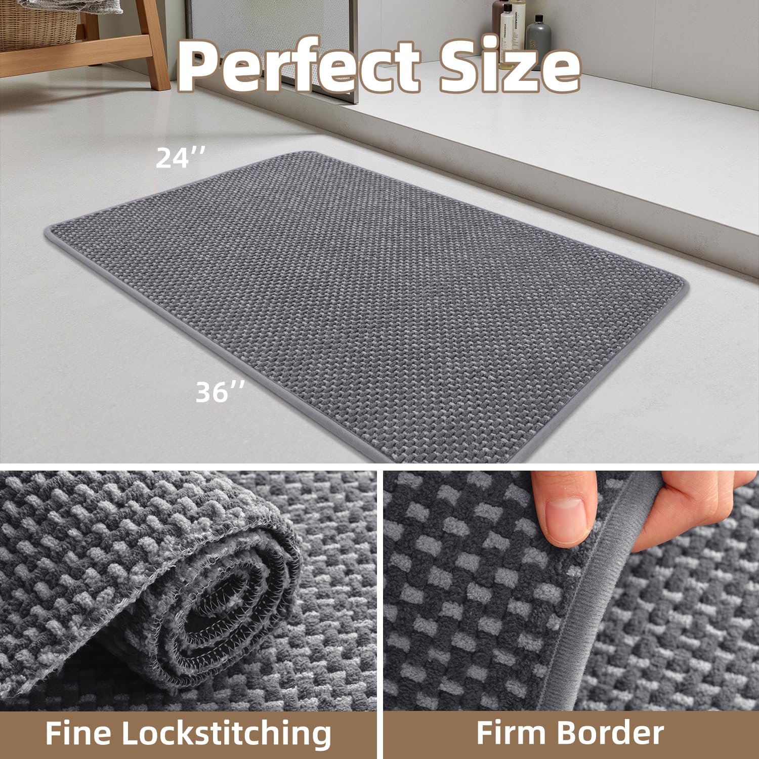 PADOOR-Bath Mat-Super Absorbent Chenille Bathroom Mats-Rubber Backed Bath Mats for Bathroom Non Slip, Machine Washable Bathroom Rugs Front of Bathtub,Shower Room,Sink-17×28, Beige&Cream