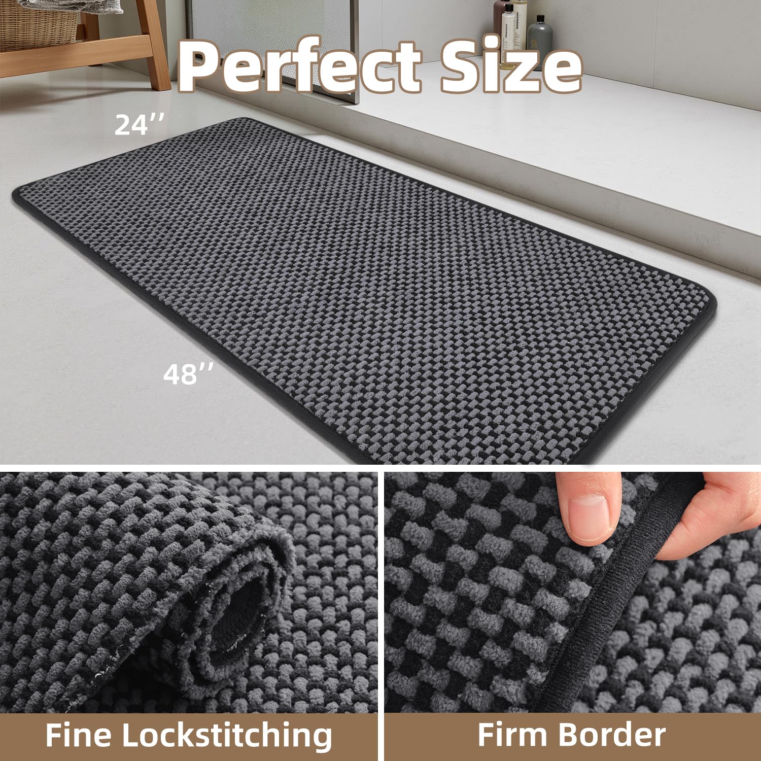 PADOOR-Bath Mat-Super Absorbent Chenille Bathroom Mats-Rubber Backed Bath Mats for Bathroom Non Slip, Machine Washable Bathroom Rugs Front of Bathtub,Shower Room,Sink-17×28, Beige&Cream