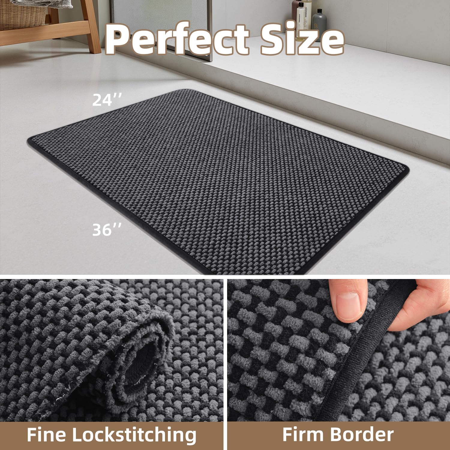 PADOOR-Bath Mat-Super Absorbent Chenille Bathroom Mats-Rubber Backed Bath Mats for Bathroom Non Slip, Machine Washable Bathroom Rugs Front of Bathtub,Shower Room,Sink-17×28, Beige&Cream