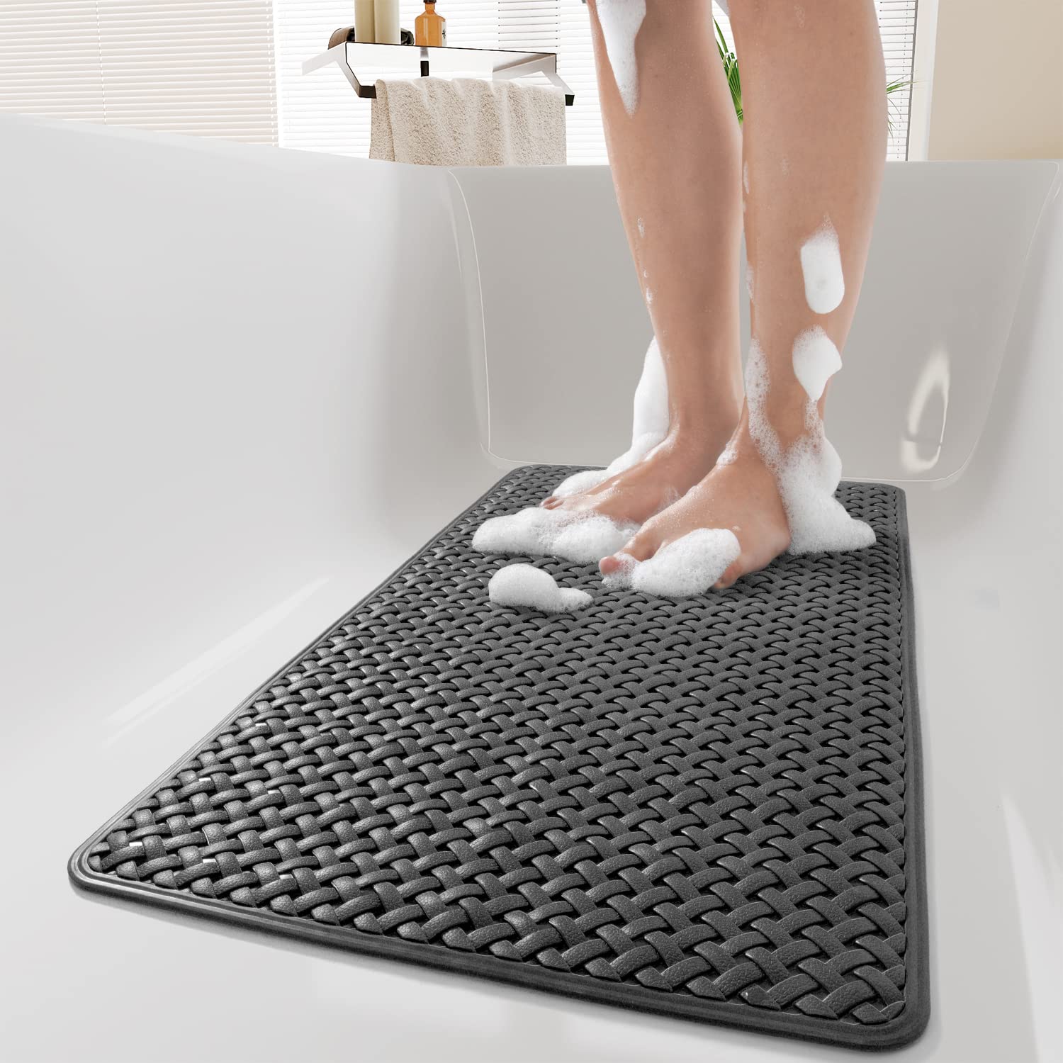 PADOOR Bathtub-Mat Non Slip with Suction Cups and Drain Holes, Machine Washable Shower Mat Anti Slip Bath Mat for Tub for Kids (14"x27" Gray)