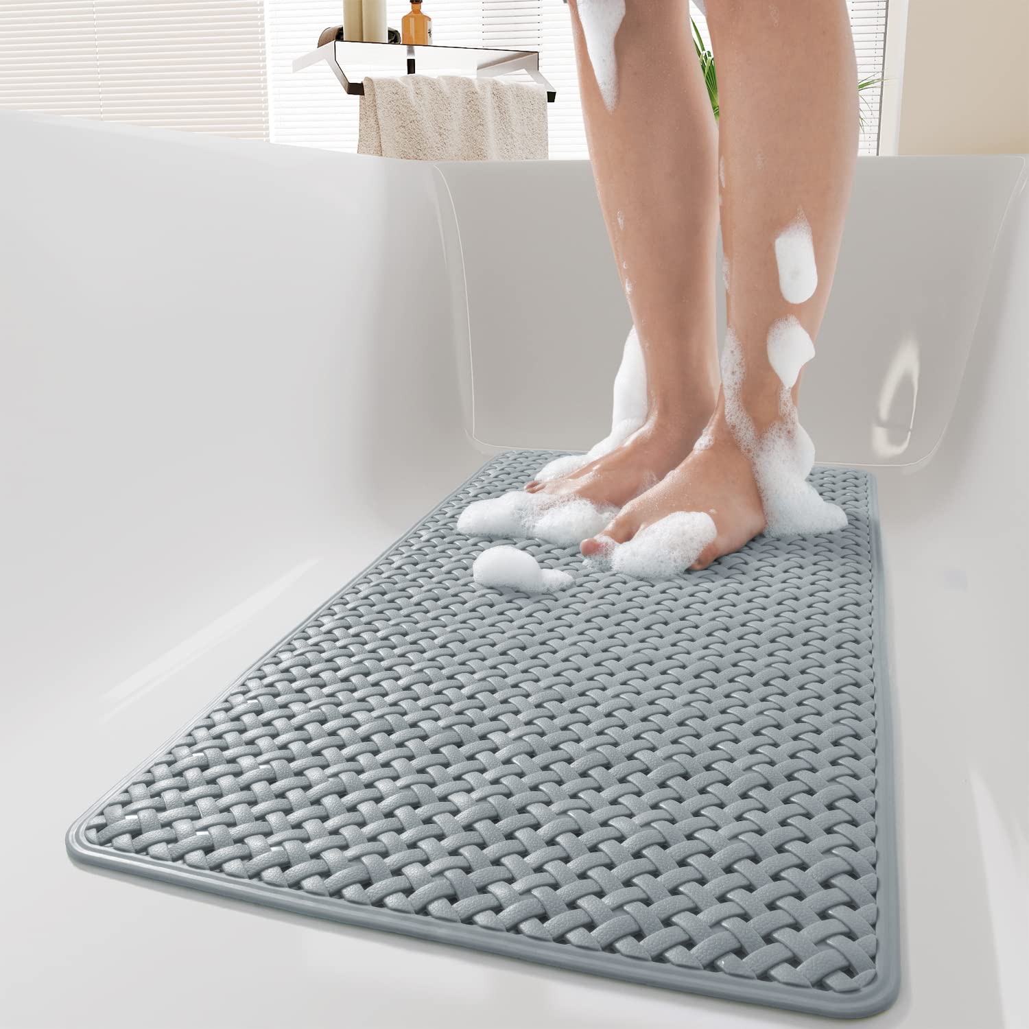 PADOOR Bathtub-Mat Non Slip with Suction Cups and Drain Holes, Machine Washable Shower Mat Anti Slip Bath Mat for Tub for Kids (14"x27" Gray)