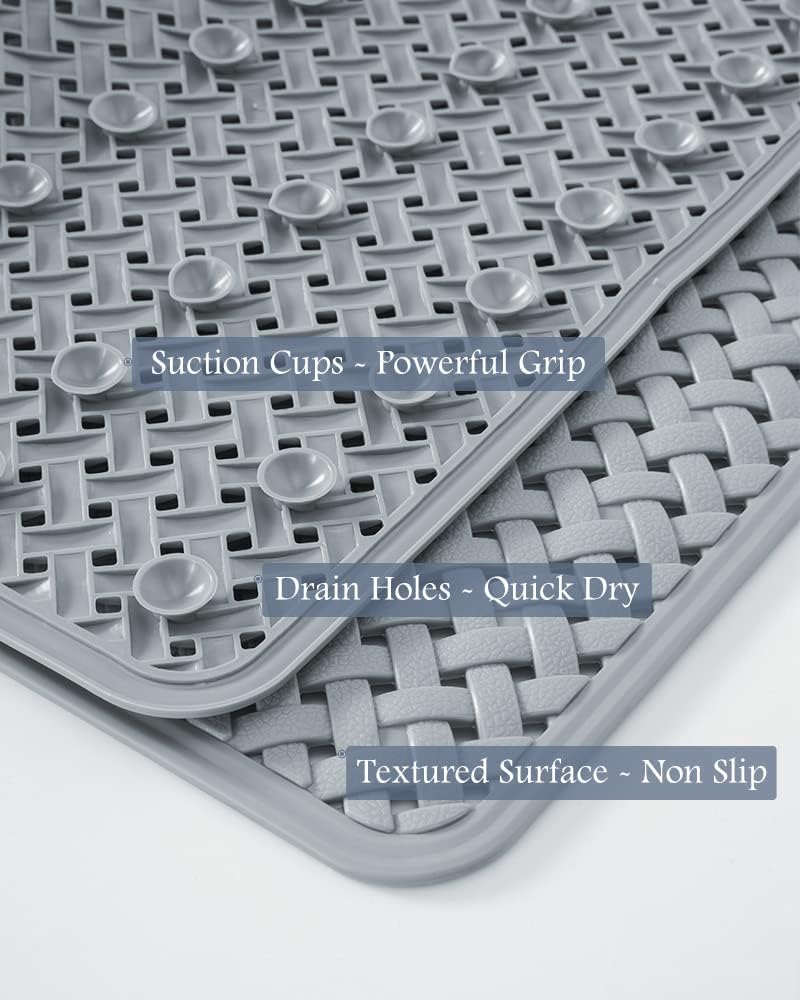 PADOOR Bathtub-Mat Set Non Slip with Suction Cups and Drain Holes, Shower Mat for Tub for Kids 14"x27"+16"x40",Grey