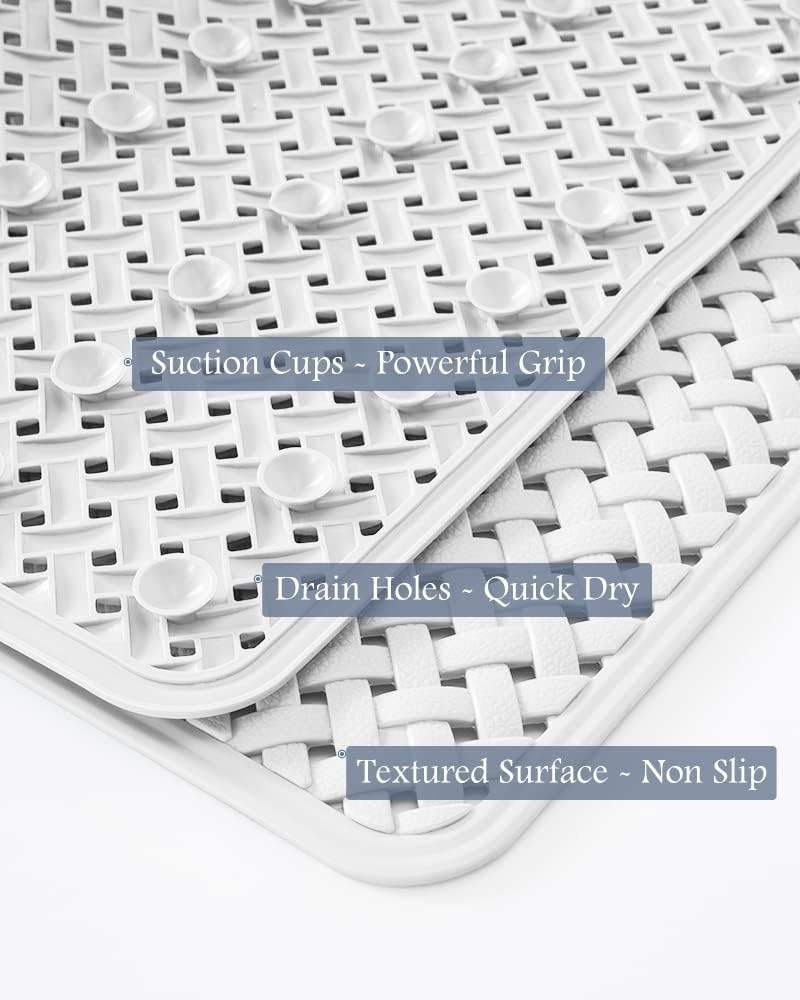 PADOOR Bathtub-Mat Set Non Slip with Suction Cups and Drain Holes, Shower Mat for Tub for Kids 17"x28"+24"x36",White