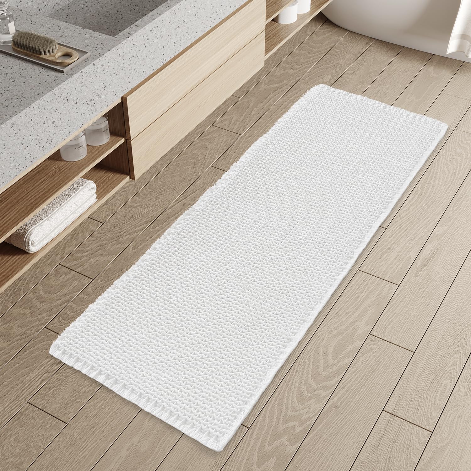 PADOOR Checkered Bath Mat, Super Absorbent Non Slip Bath Mats for Bathroom Floor 3D Two Tone Woven Bathroom Mat with Tassels Machine Washable Bathroom Rugs Beside Tub, 17" x 24", Brown & Cream