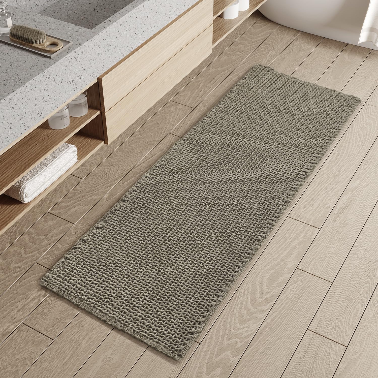 PADOOR Checkered Bath Mat, Super Absorbent Non Slip Bath Mats for Bathroom Floor 3D Two Tone Woven Bathroom Mat with Tassels Machine Washable Bathroom Rugs Beside Tub, 17" x 24", Brown & Cream