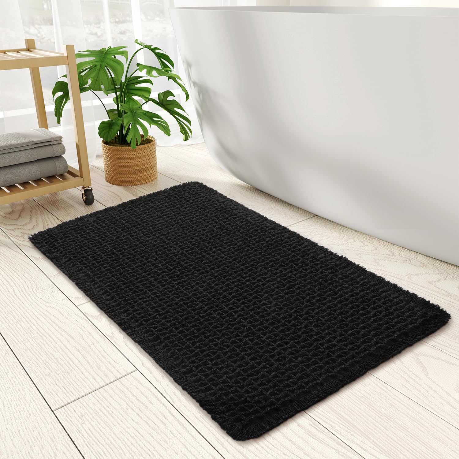 PADOOR Checkered Bath Mat, Super Absorbent Non Slip Bath Mats for Bathroom Floor 3D Two Tone Woven Bathroom Mat with Tassels Machine Washable Bathroom Rugs Beside Tub, 17" x 24", Brown & Cream