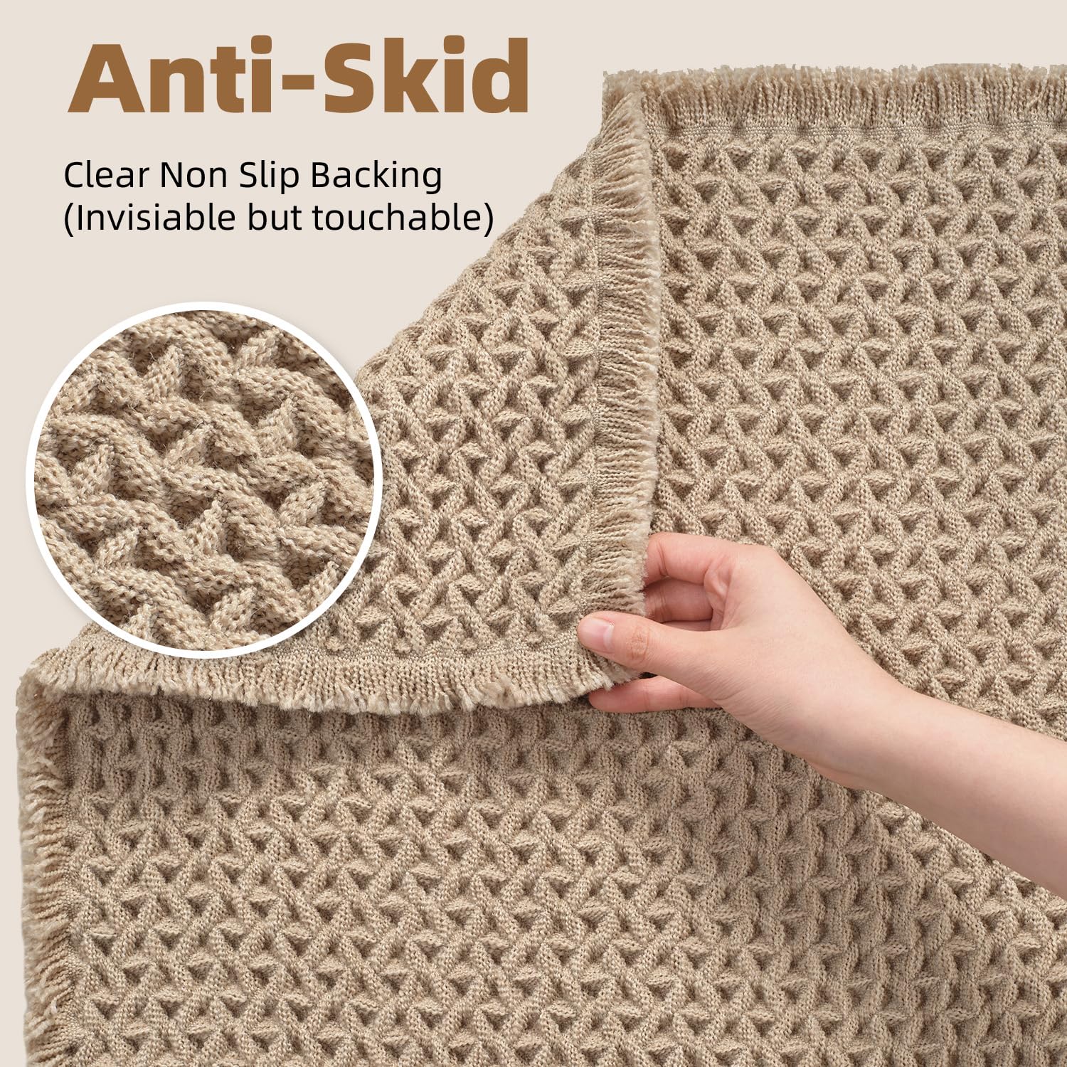 PADOOR Checkered Bath Mat, Super Absorbent Non Slip Bath Mats for Bathroom Floor 3D Two Tone Woven Bathroom Mat with Tassels Machine Washable Bathroom Rugs Beside Tub, 17" x 24", Brown & Cream