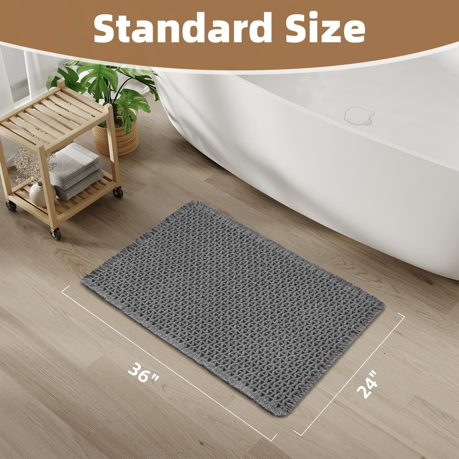 PADOOR Checkered Bath Mat, Super Absorbent Non Slip Bath Mats for Bathroom Floor 3D Two Tone Woven Bathroom Mat with Tassels Machine Washable Bathroom Rugs Beside Tub, 17" x 24", Brown & Cream