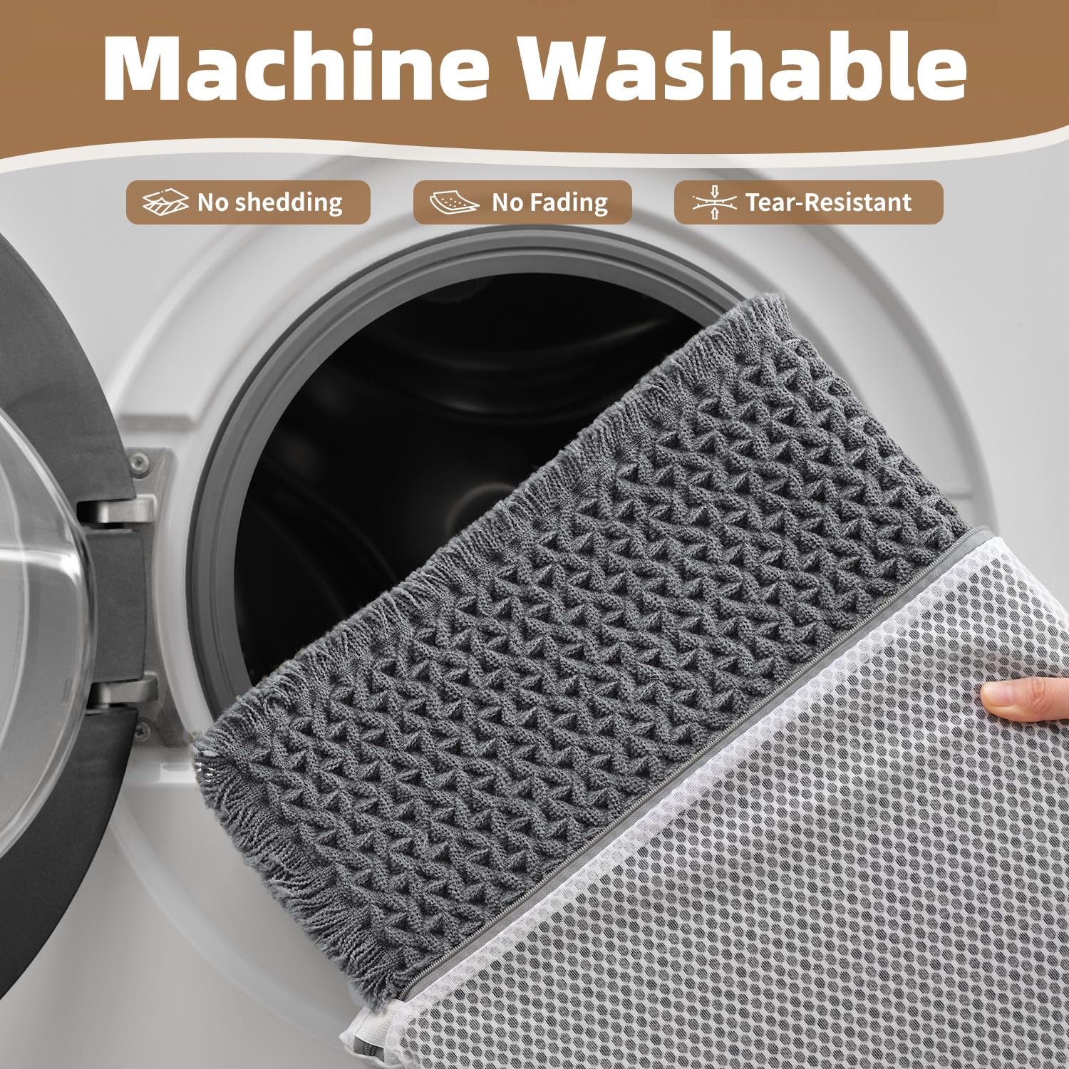 PADOOR Checkered Bath Mat, Super Absorbent Non Slip Bath Mats for Bathroom Floor 3D Two Tone Woven Bathroom Mat with Tassels Machine Washable Bathroom Rugs Beside Tub, 17" x 24", Brown & Cream