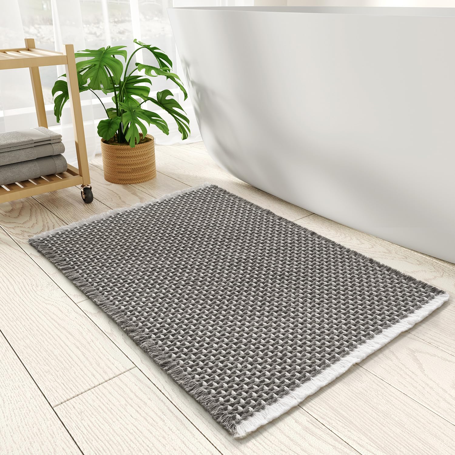 PADOOR Checkered Bath Mat, Super Absorbent Non Slip Bath Mats for Bathroom Floor 3D Two Tone Woven Bathroom Mat with Tassels Machine Washable Bathroom Rugs Beside Tub, 17" x 24", Brown & Cream