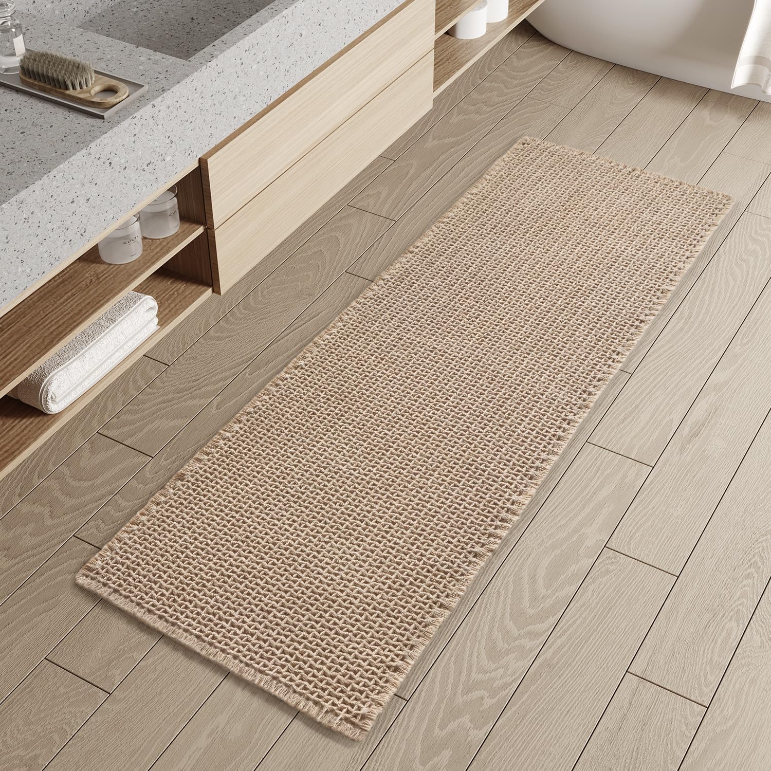 PADOOR Checkered Bath Mat, Super Absorbent Non Slip Bath Mats for Bathroom Floor 3D Two Tone Woven Bathroom Mat with Tassels Machine Washable Bathroom Rugs Beside Tub, 17" x 24", Brown & Cream