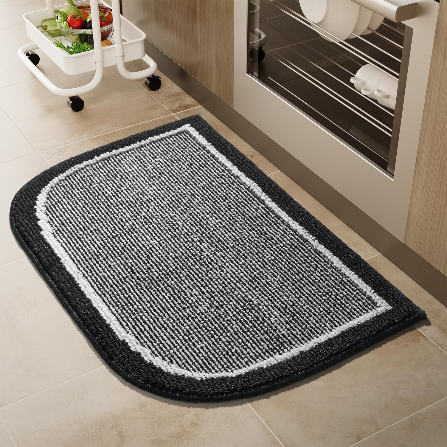 PADOOR Kitchen-Mats for Floor 100% Polypropylene Kitchen Rugs Non Slip Washable, Durable Dirt Resist Half Circle Rug TPR Backed Kitchen Floor Mat, 18"x28", Beige
