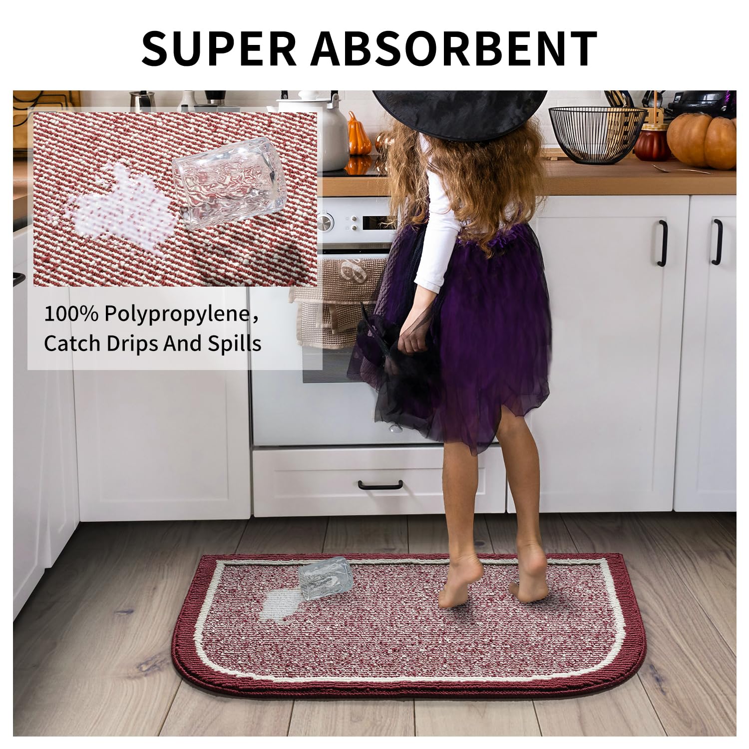 PADOOR Kitchen-Mats for Floor 100% Polypropylene Kitchen Rugs Non Slip Washable, Durable Dirt Resist Half Circle Rug TPR Backed Kitchen Floor Mat, 18"x28", Beige