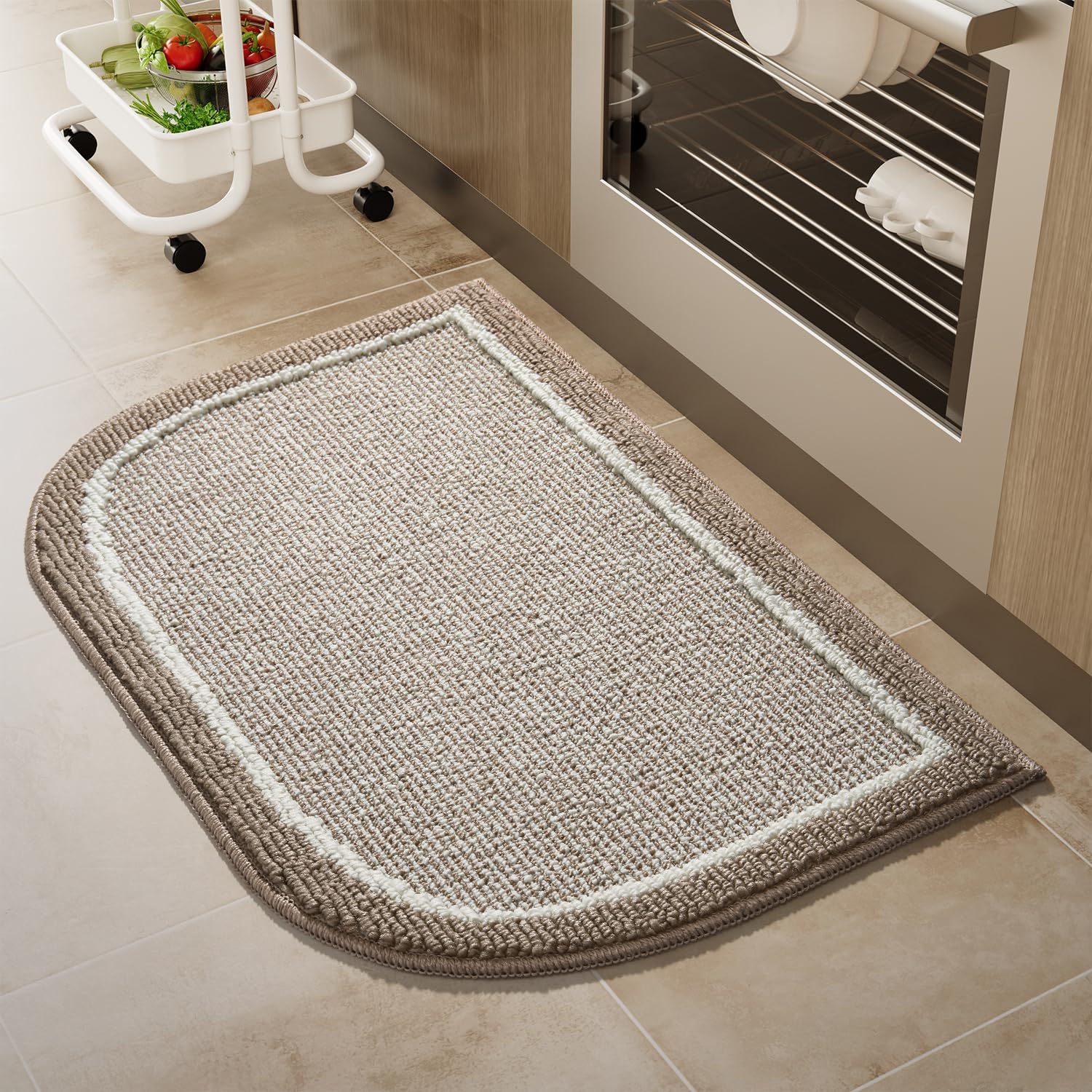 PADOOR Kitchen-Mats for Floor 100% Polypropylene Kitchen Rugs Non Slip Washable, Durable Dirt Resist Half Circle Rug TPR Backed Kitchen Floor Mat, 18"x28", Beige
