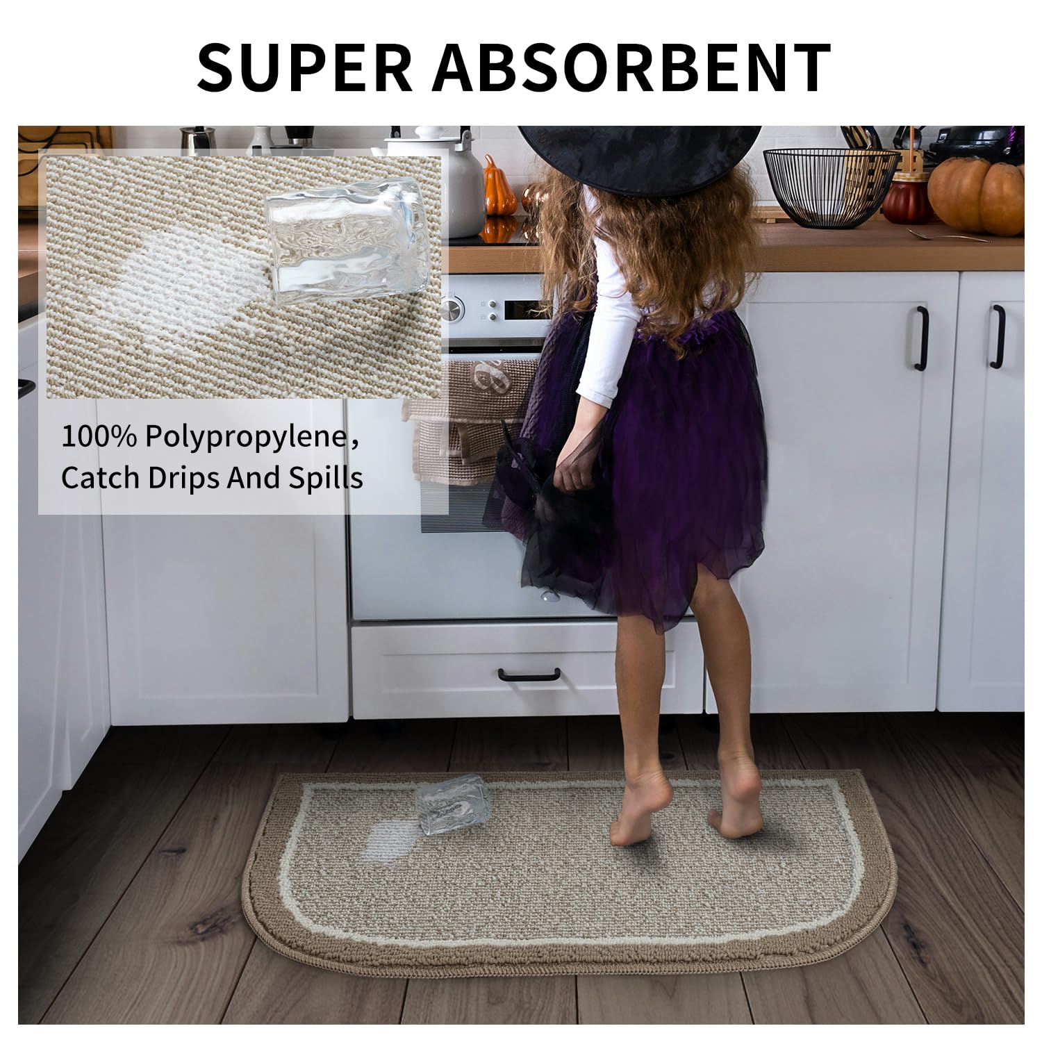 PADOOR Kitchen-Mats for Floor 100% Polypropylene Kitchen Rugs Non Slip Washable, Durable Dirt Resist Half Circle Rug TPR Backed Kitchen Floor Mat, 18"x28", Beige