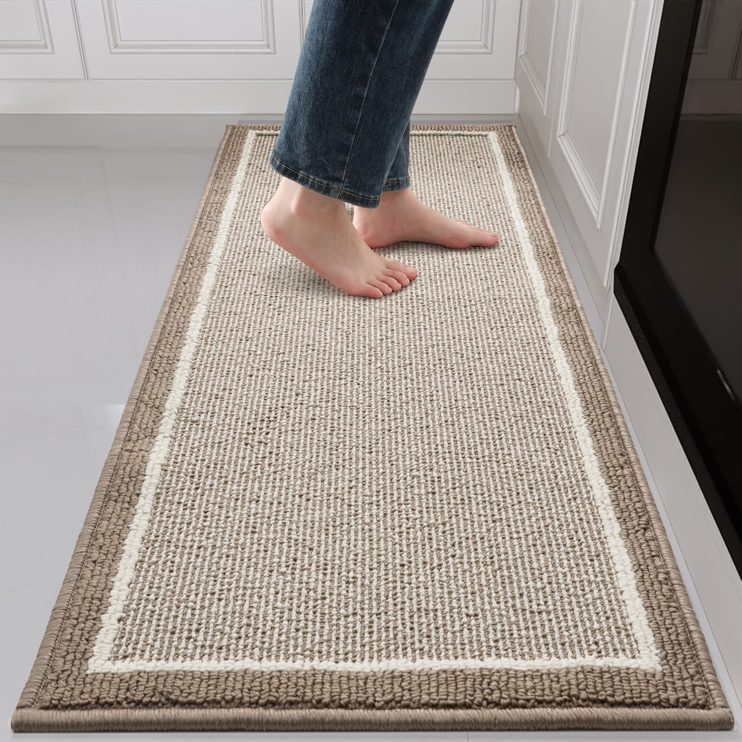 PADOOR Kitchen-Mats for Floor 100% Polypropylene Kitchen Rugs Non Slip Washable, Durable Dirt Resist Half Circle Rug TPR Backed Kitchen Floor Mat, 18"x28", Beige