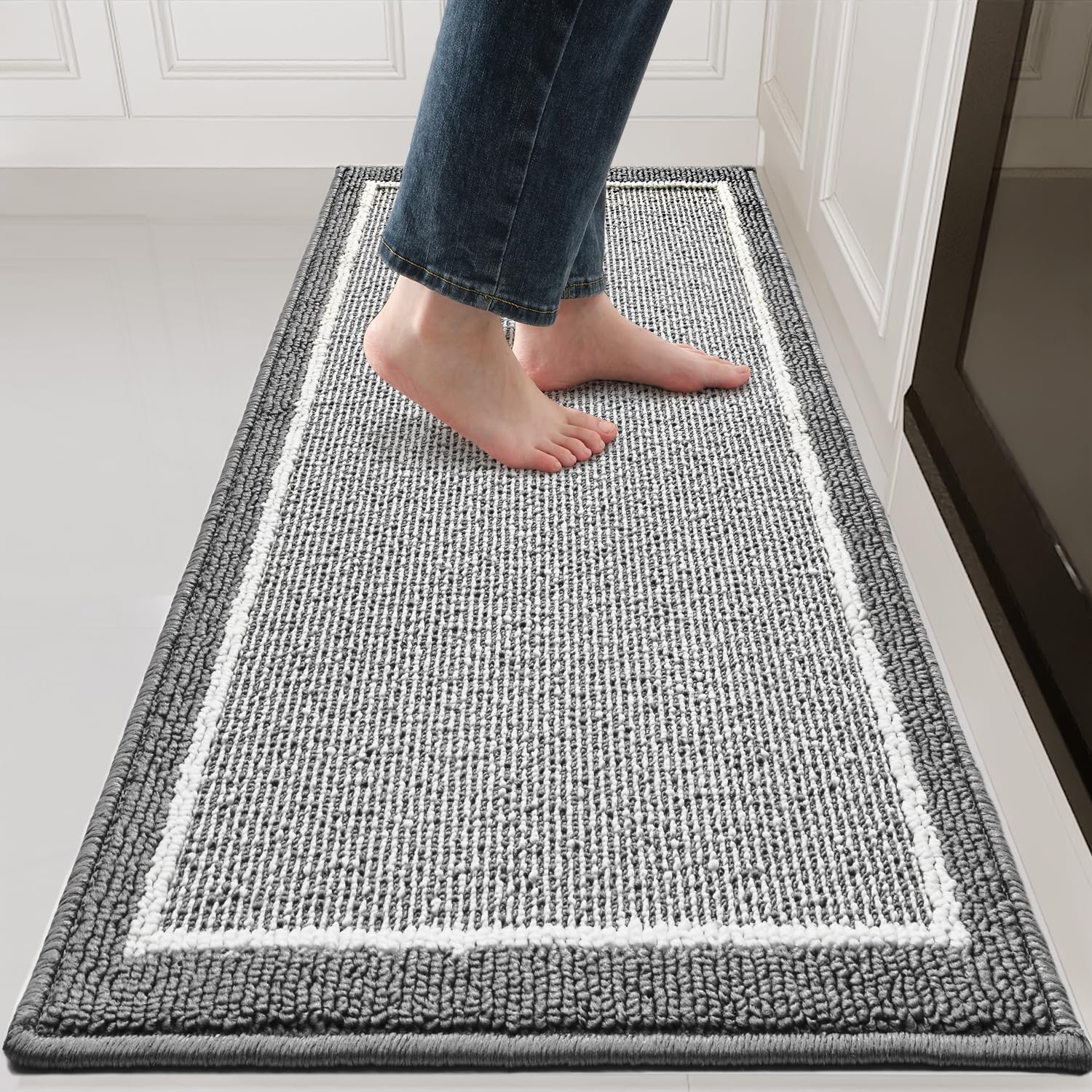 PADOOR Kitchen-Mats for Floor 100% Polypropylene Kitchen Rugs Non Slip Washable, Durable Dirt Resist Half Circle Rug TPR Backed Kitchen Floor Mat, 18"x28", Beige