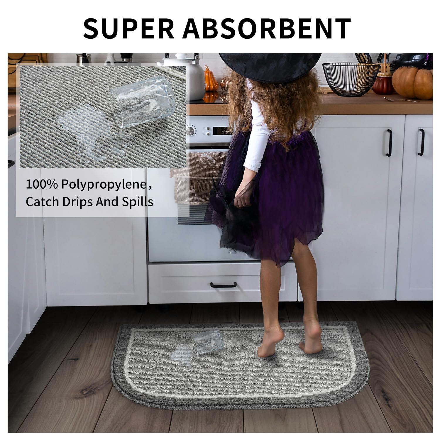 PADOOR Kitchen-Mats for Floor 100% Polypropylene Kitchen Rugs Non Slip Washable, Durable Dirt Resist Half Circle Rug TPR Backed Kitchen Floor Mat, 18"x28", Beige