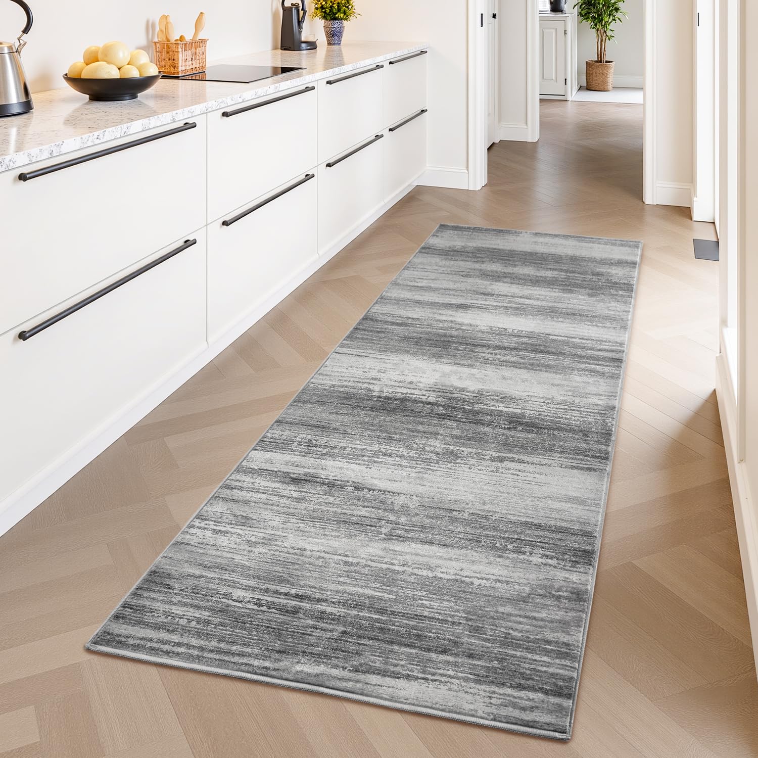PADOOR Modern Abstract Runner Rug - 2x6 Washable Hallway Rugs, Ultra Soft Non-Slip Low Pile Floor Rugs for Hallway Entryway Kitchen Bedroom Bedside Laundry Room Grey