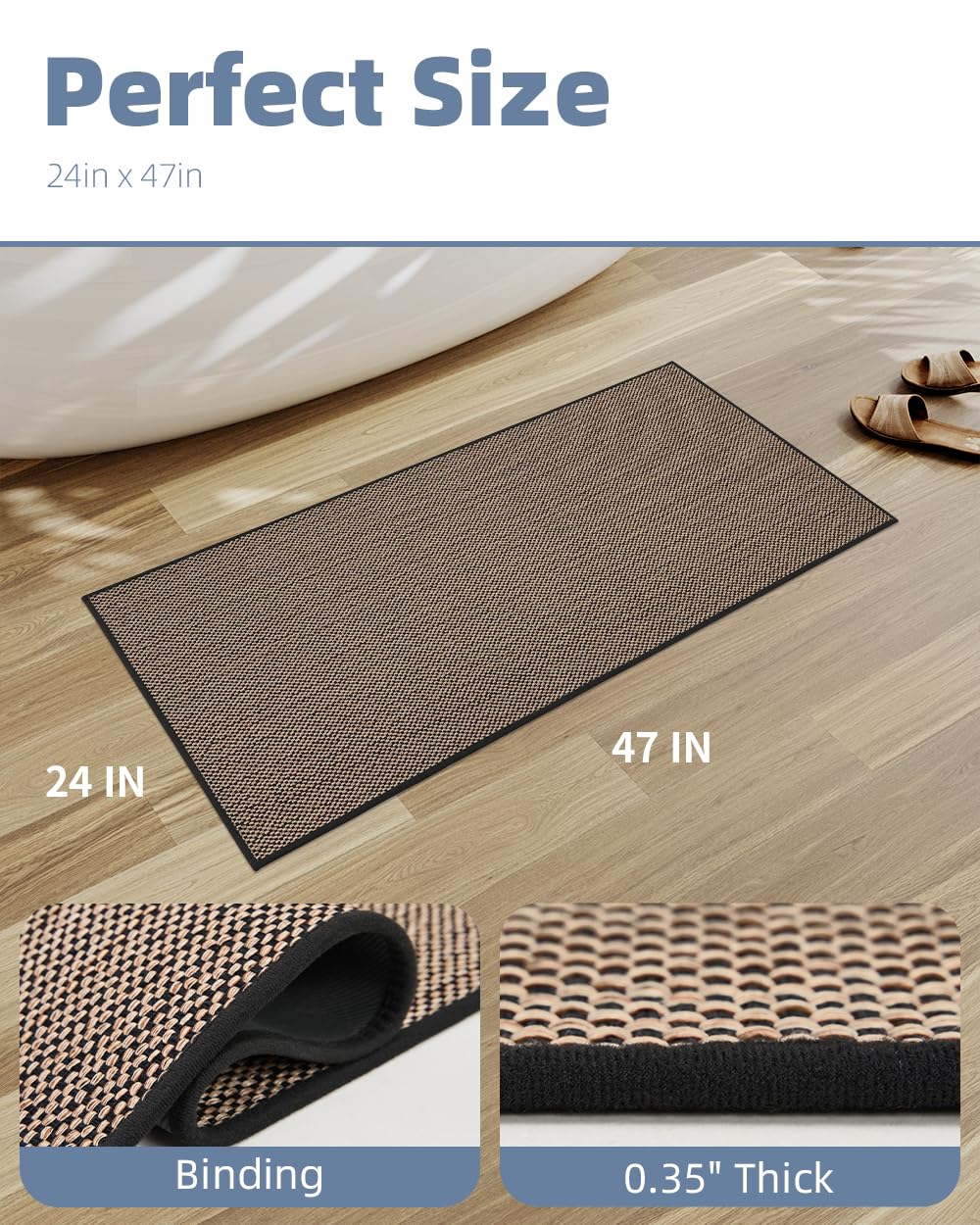 PADOOR Non-Slip Bath Mat With Rubber-Backing, Braided Absorbent Machine Washable Thin Rug for Bathroom Floor, Quick Dry, Fits Under Door, 17''x24'' Beige