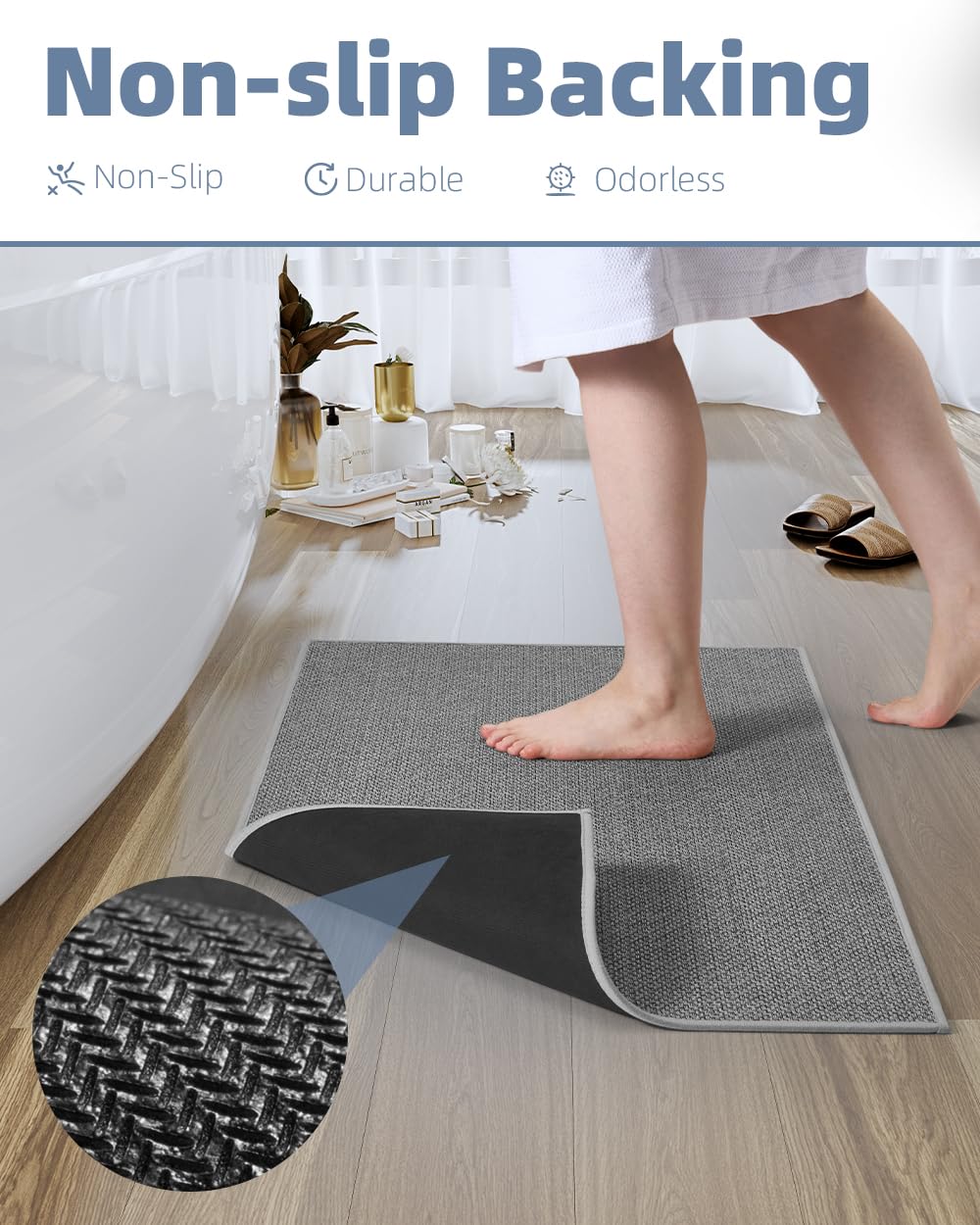 PADOOR Non-Slip Bath Mat With Rubber-Backing, Braided Absorbent Machine Washable Thin Rug for Bathroom Floor, Quick Dry, Fits Under Door, 17''x24'' Beige