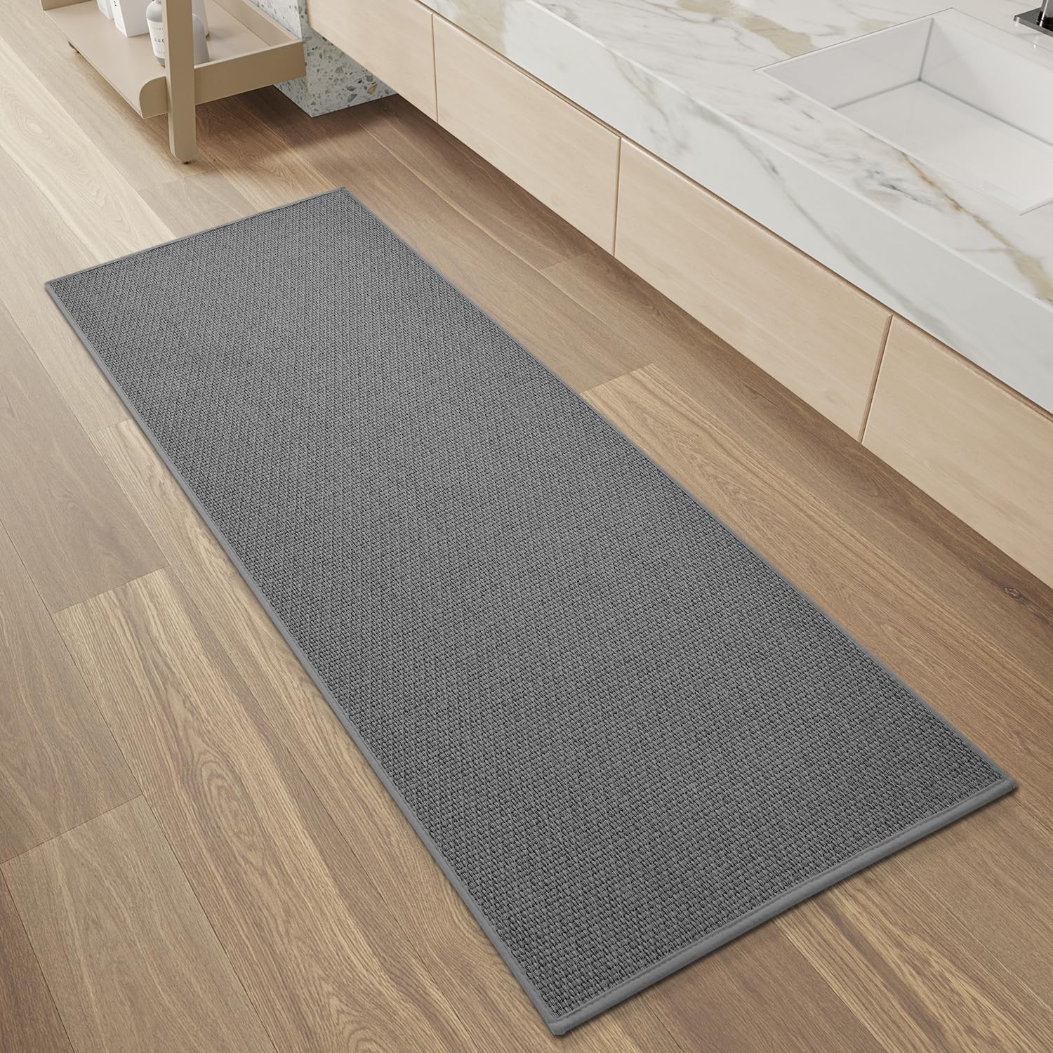 PADOOR Non-Slip Bath Mat With Rubber-Backing, Braided Absorbent Machine Washable Thin Rug for Bathroom Floor, Quick Dry, Fits Under Door, 17''x24'' Beige