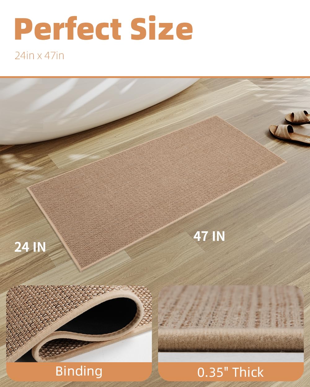 PADOOR Non-Slip Bath Mat With Rubber-Backing, Braided Absorbent Machine Washable Thin Rug for Bathroom Floor, Quick Dry, Fits Under Door, 17''x24'' Beige