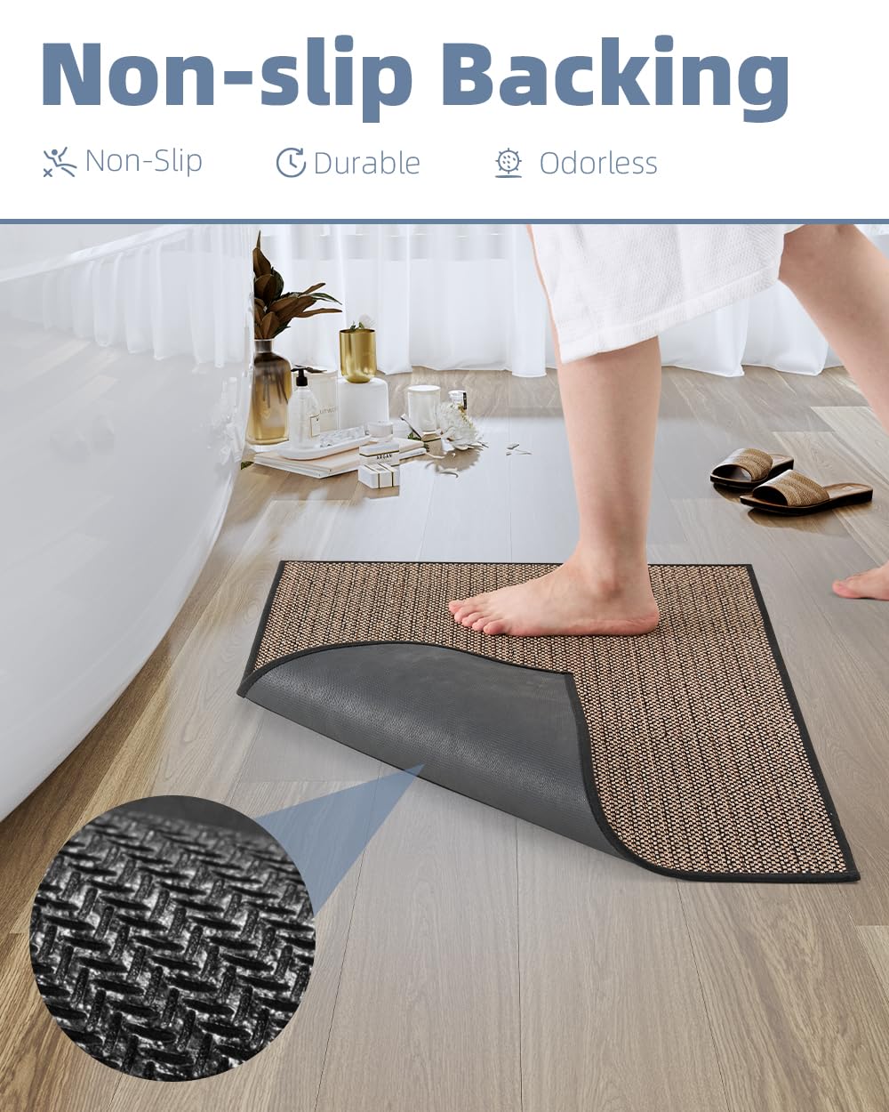 PADOOR Non-Slip Bath Mat With Rubber-Backing, Braided Absorbent Machine Washable Thin Rug for Bathroom Floor, Quick Dry, Fits Under Door, 17''x24'' Beige