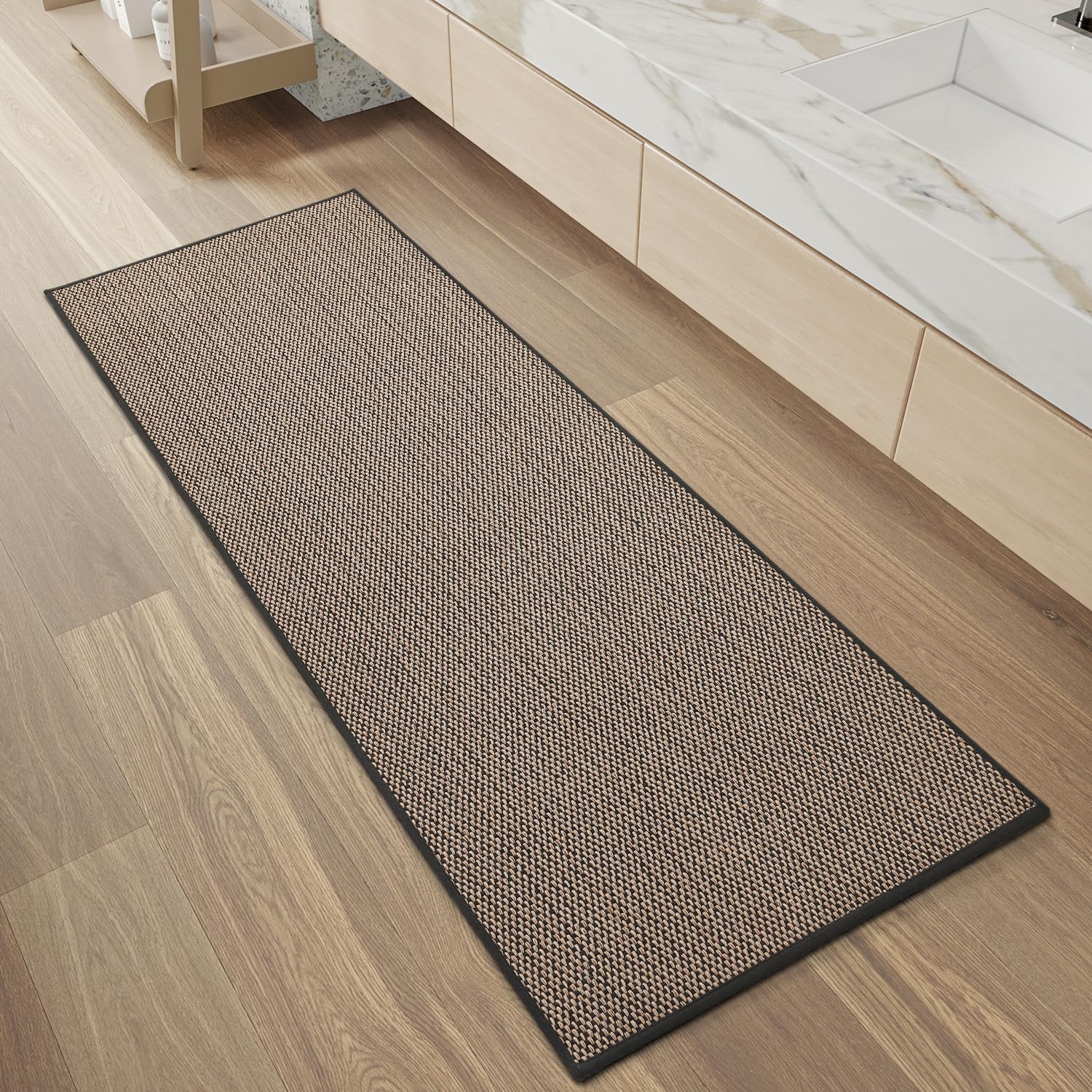 PADOOR Non-Slip Bath Mat With Rubber-Backing, Braided Absorbent Machine Washable Thin Rug for Bathroom Floor, Quick Dry, Fits Under Door, 17''x24'' Beige